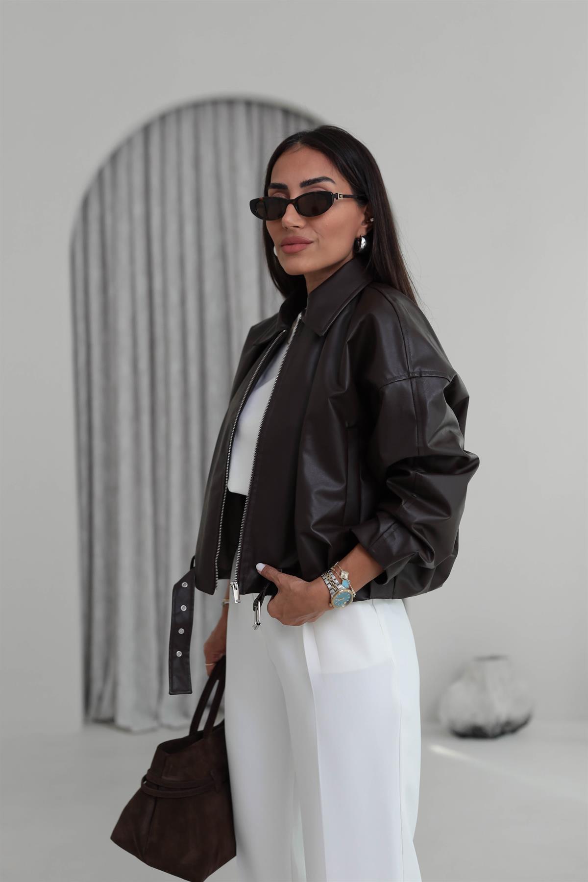 3137 Kemer Detaylı Fermuarlı Deri Ceket ACI KAHVE