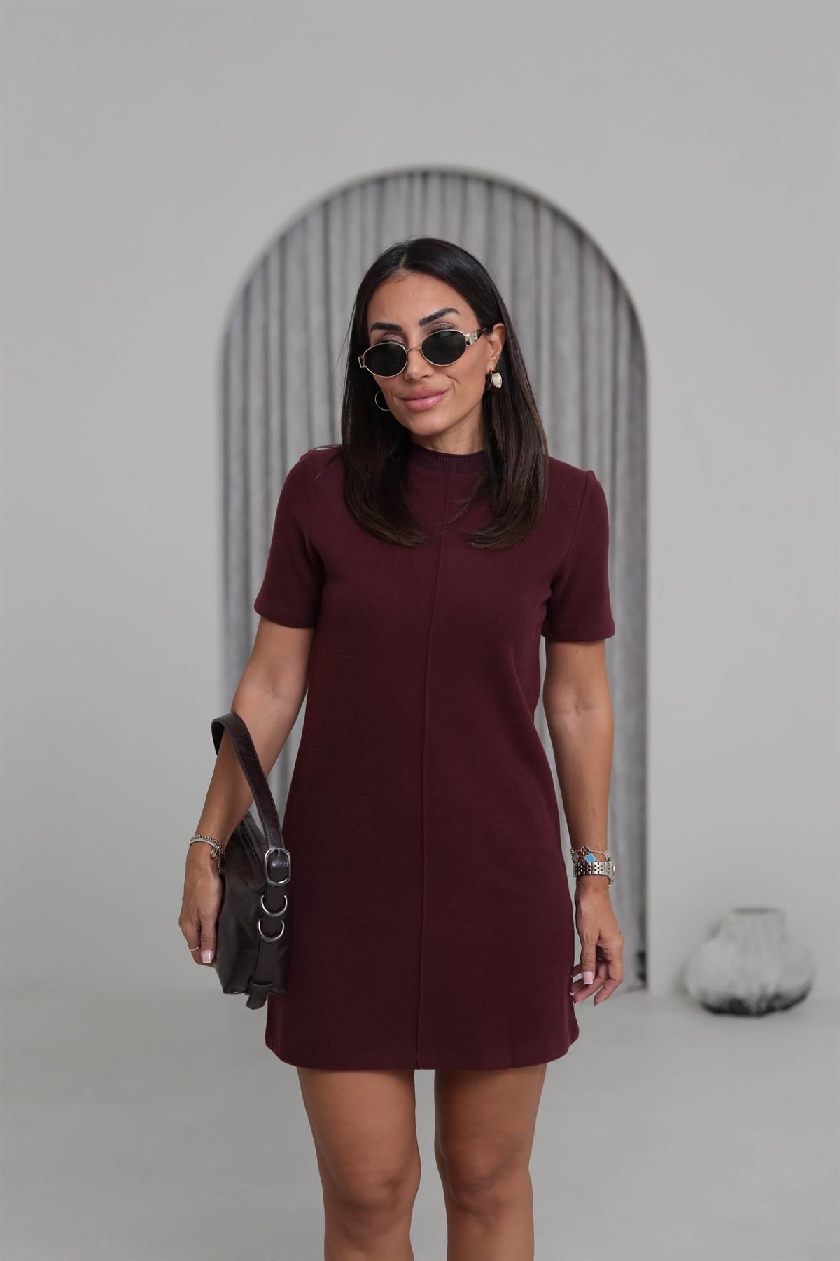 0810 Ön Dikiş Detaylı Kısa Kol Yumuşak Dokulu Elbise BORDO