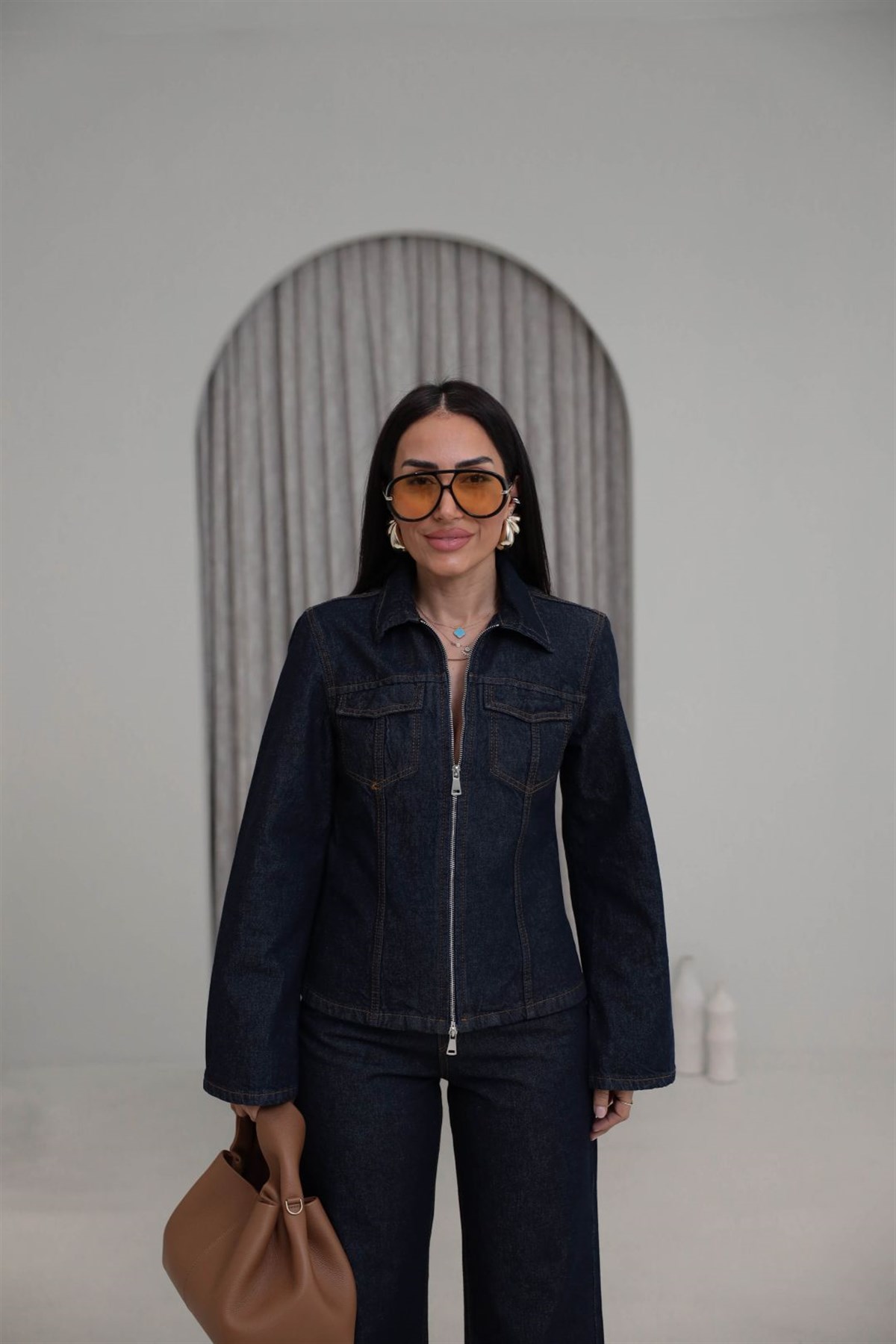 0966 Çift Yön Fermuarlı Denim Ceket Pantolon Takım LACİVERT