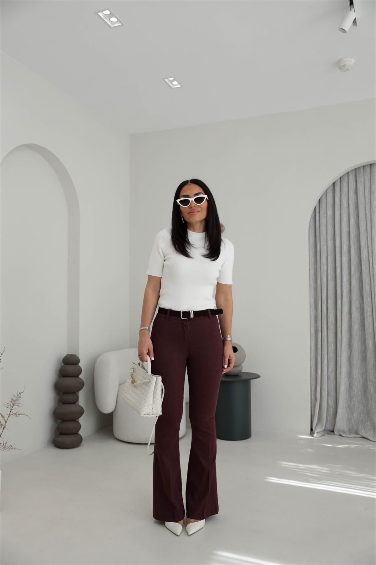 7142 Likralı Kemerli Gabardin İspanyol Pantolon BORDO