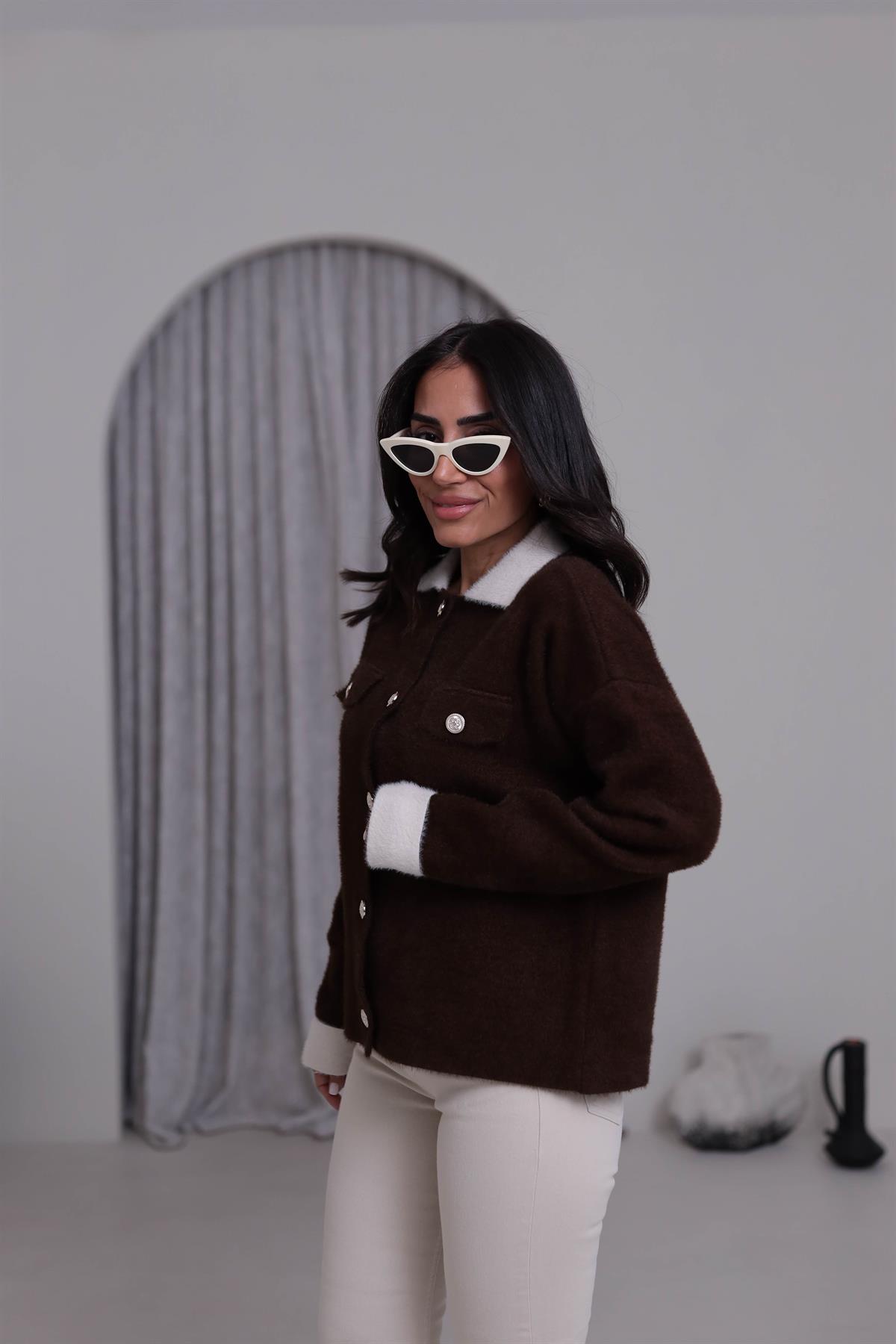 5259 Kontrastlı Polo Yaka Angora Ceket Hırka KAHVE