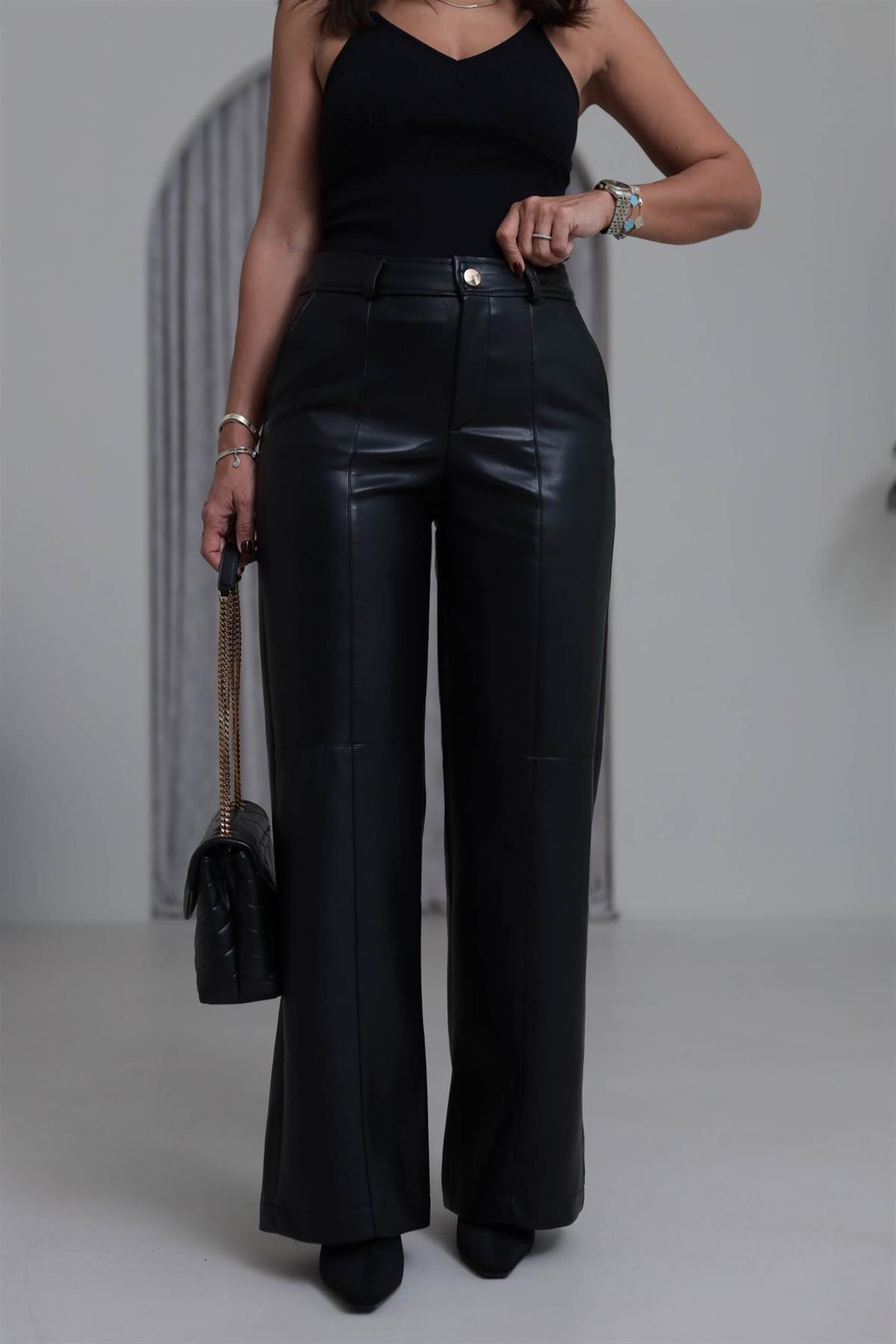 0625 Gold Düğmeli Palazzo Paça Deri Pantolon SİYAH