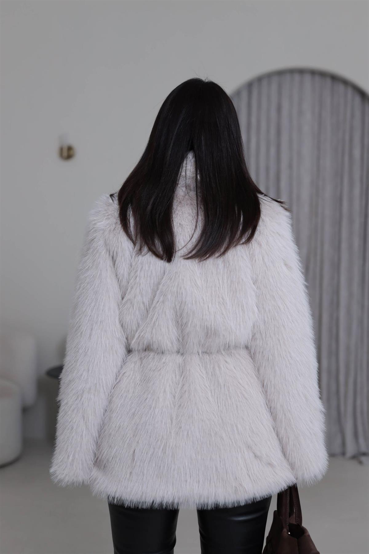 Yakalı Kemerli Suni Kürk Kaban TAŞ