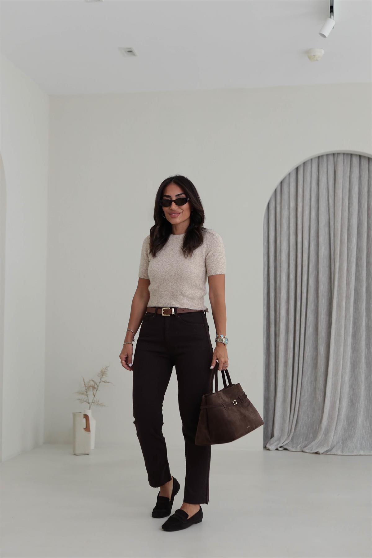 0651 Bisiklet Yaka Yumuşak Dokulu Kısa Kol Triko Kazak BEJ