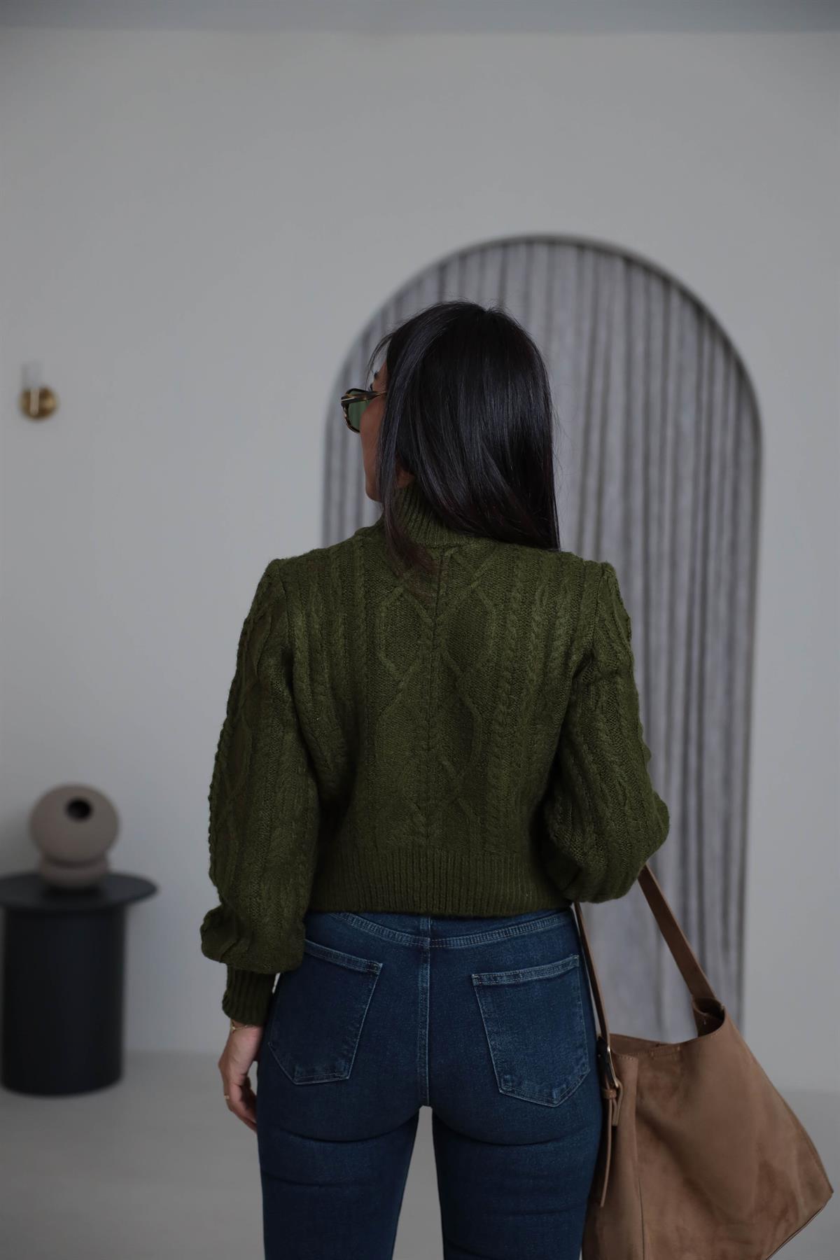 2549 Balıkçı Yaka Örgü Desen Kazak OLİVE