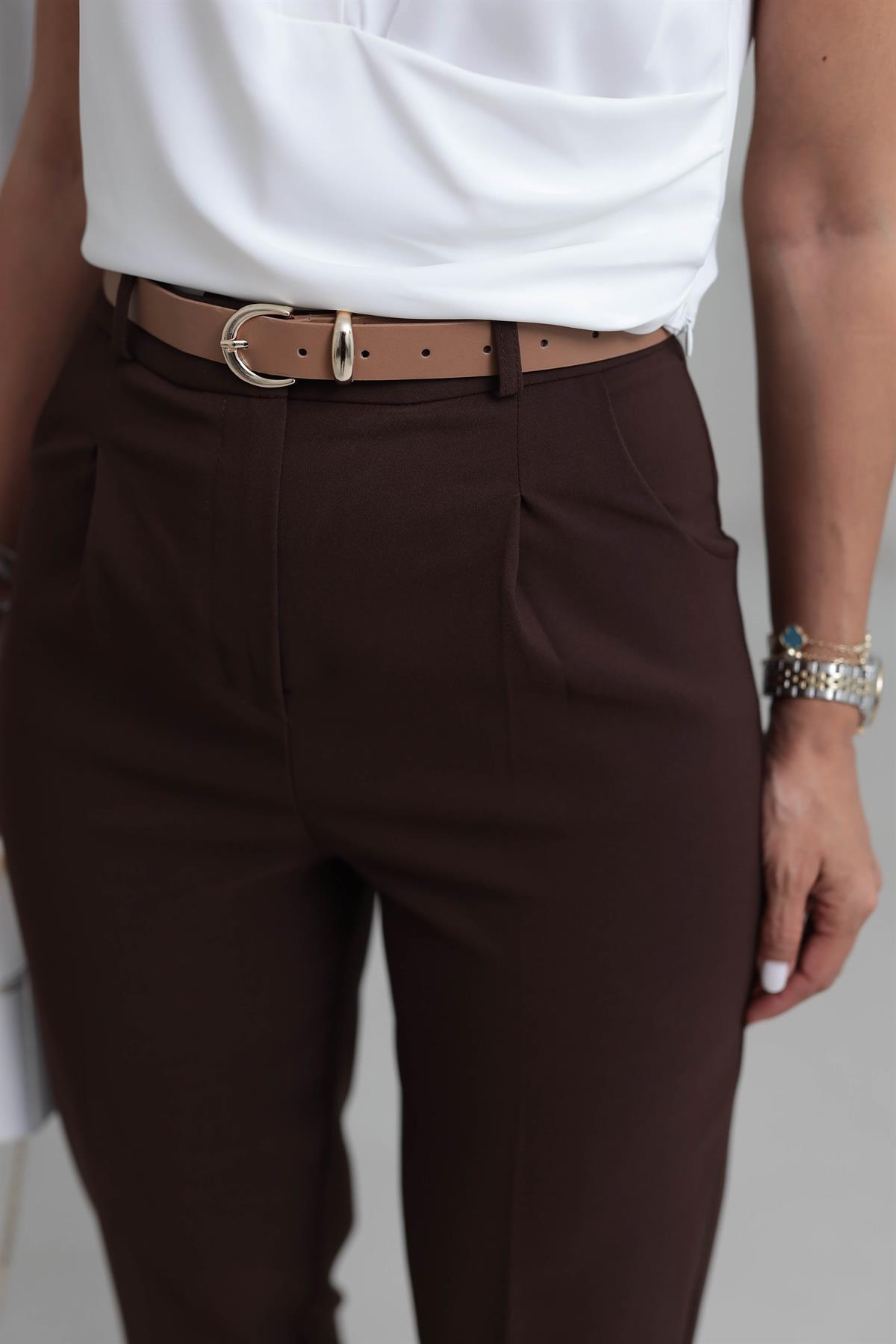 0430 Kemerli Double Havuç Pantolon KAHVE