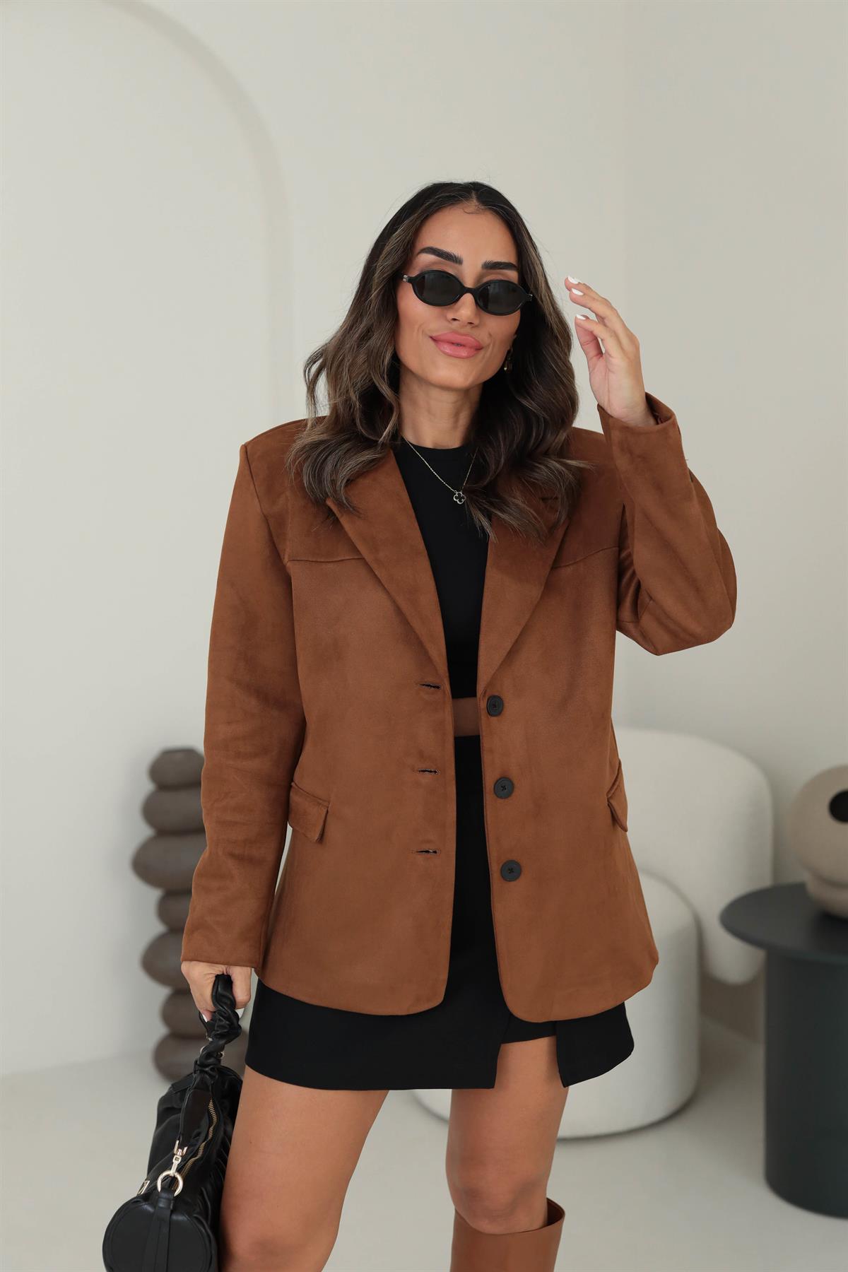 8022 Süet Kumaş Blazer Ceket TABA