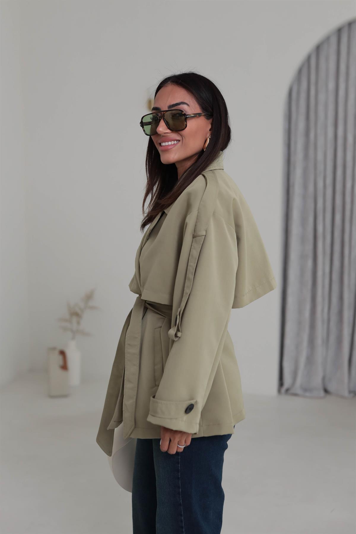 2019 Apoletli Kuşaklı Kısa Trençkot HAKİ YEŞİL