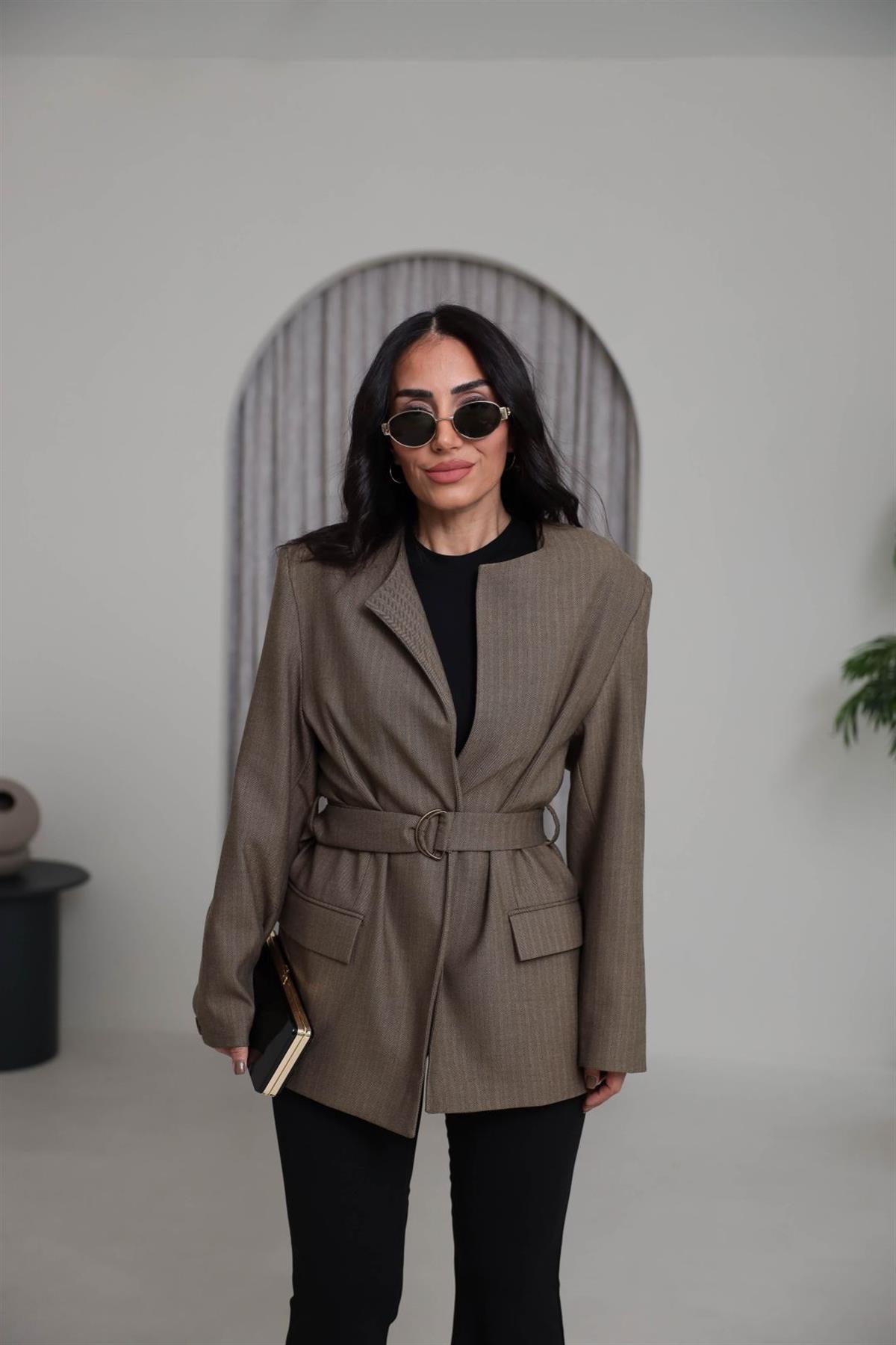 1284 Vatkalı Kemerli Balıksırtı Blazer Ceket CAMEL