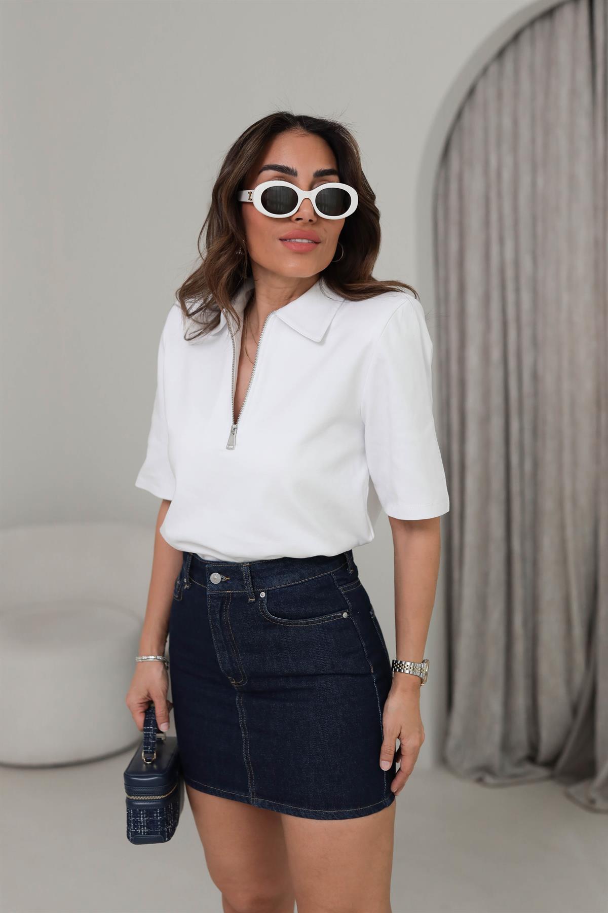 1008 Polo Yaka Fermuarlı Tshirt BEYAZ