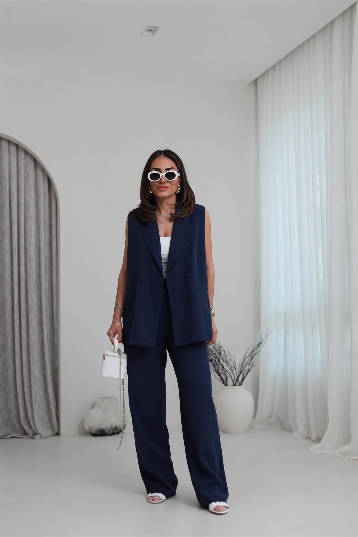 0382 Kruvaze Yaka Yelek Pantolon Tencel Takım LACİVERT