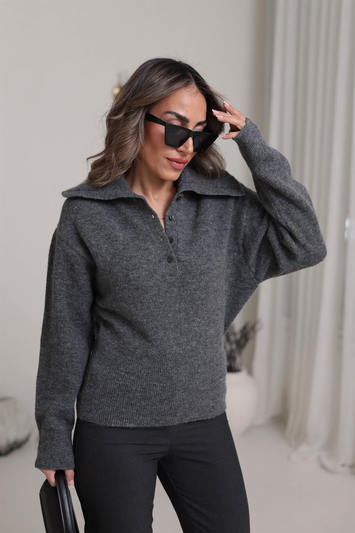 0679 Polo Yaka Yarım Düğmeli Kazak FÜME