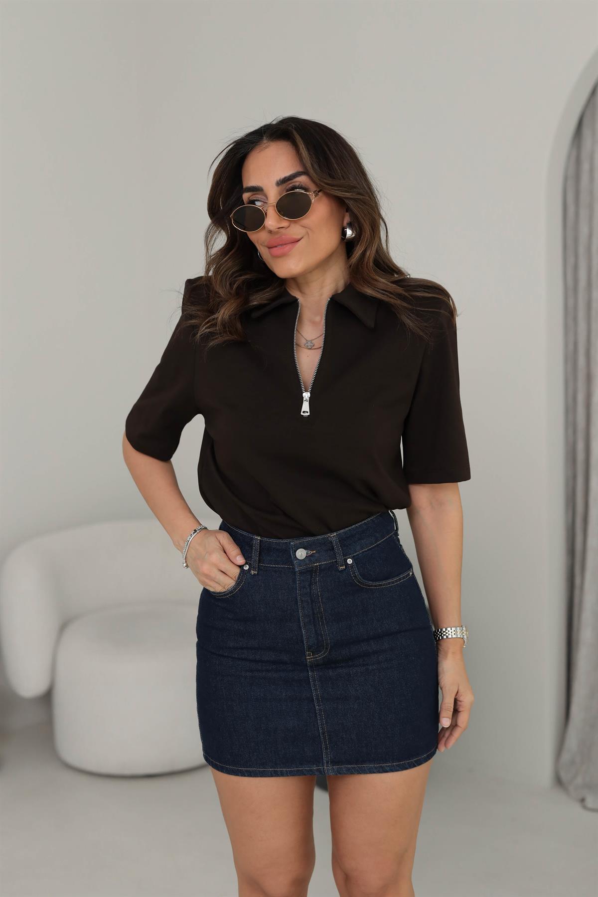 1008 Polo Yaka Fermuarlı Tshirt ACI KAHVE