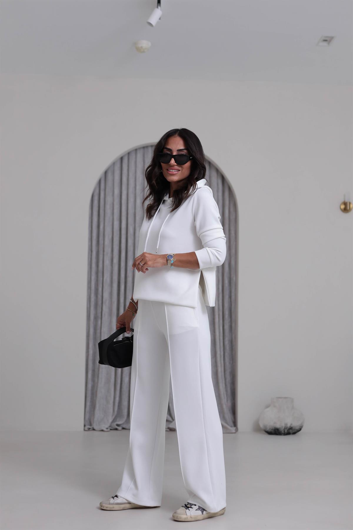 7327 Kapşonlu Yırtmaçlı Çimalı Modal Takım BEYAZ