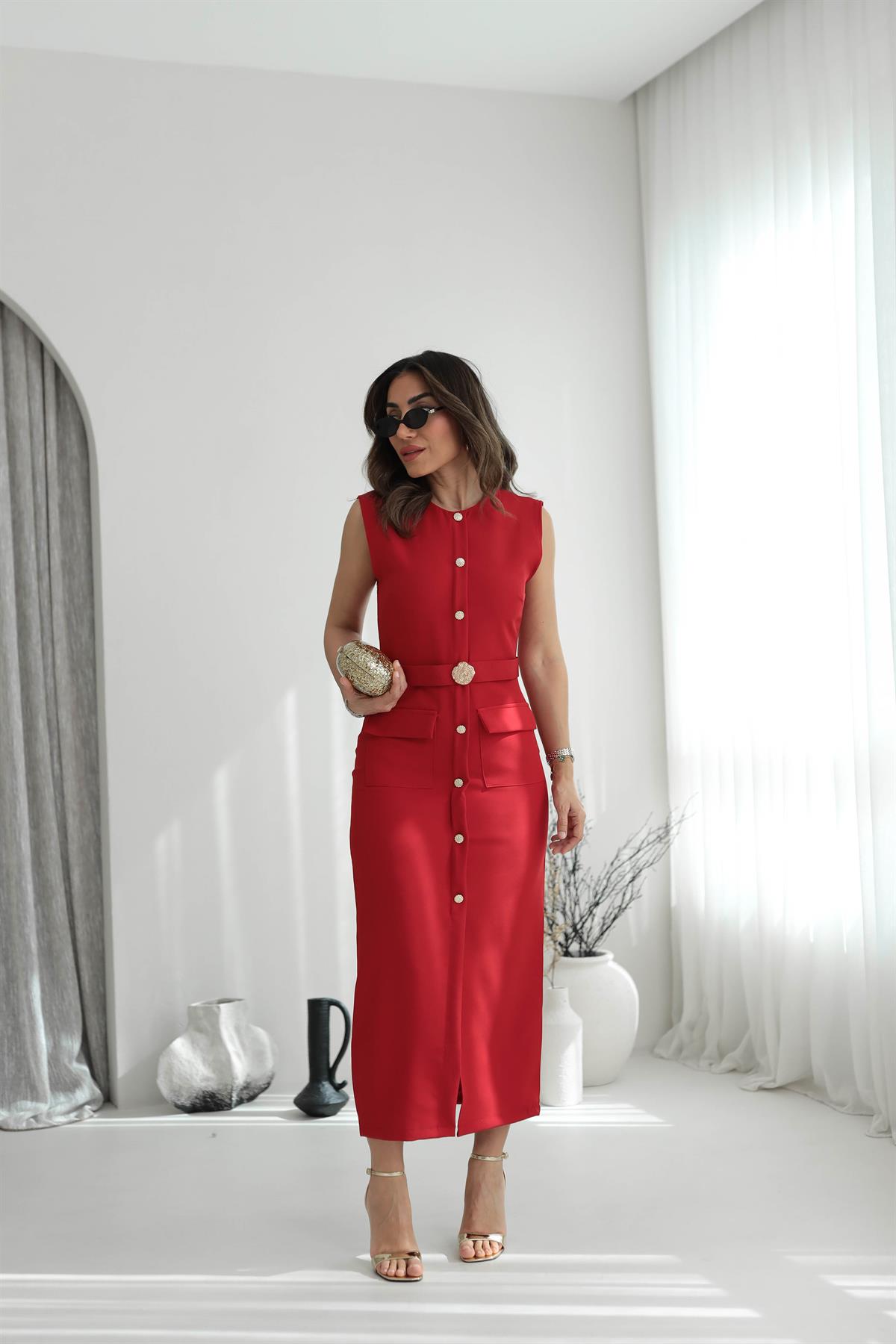 0298 Sıfır Kol Broş Kemerli Cep Detaylı  Elbise KIRMIZI
