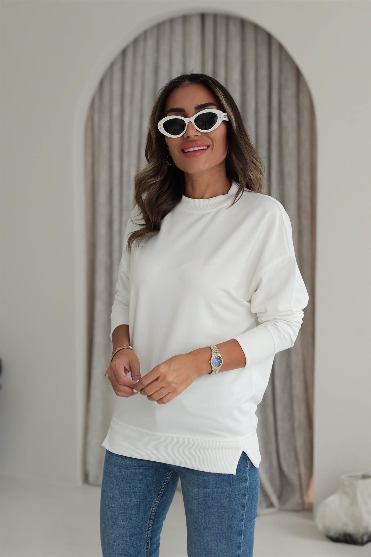 9002 Düz Basic Sweatshirt BEYAZ