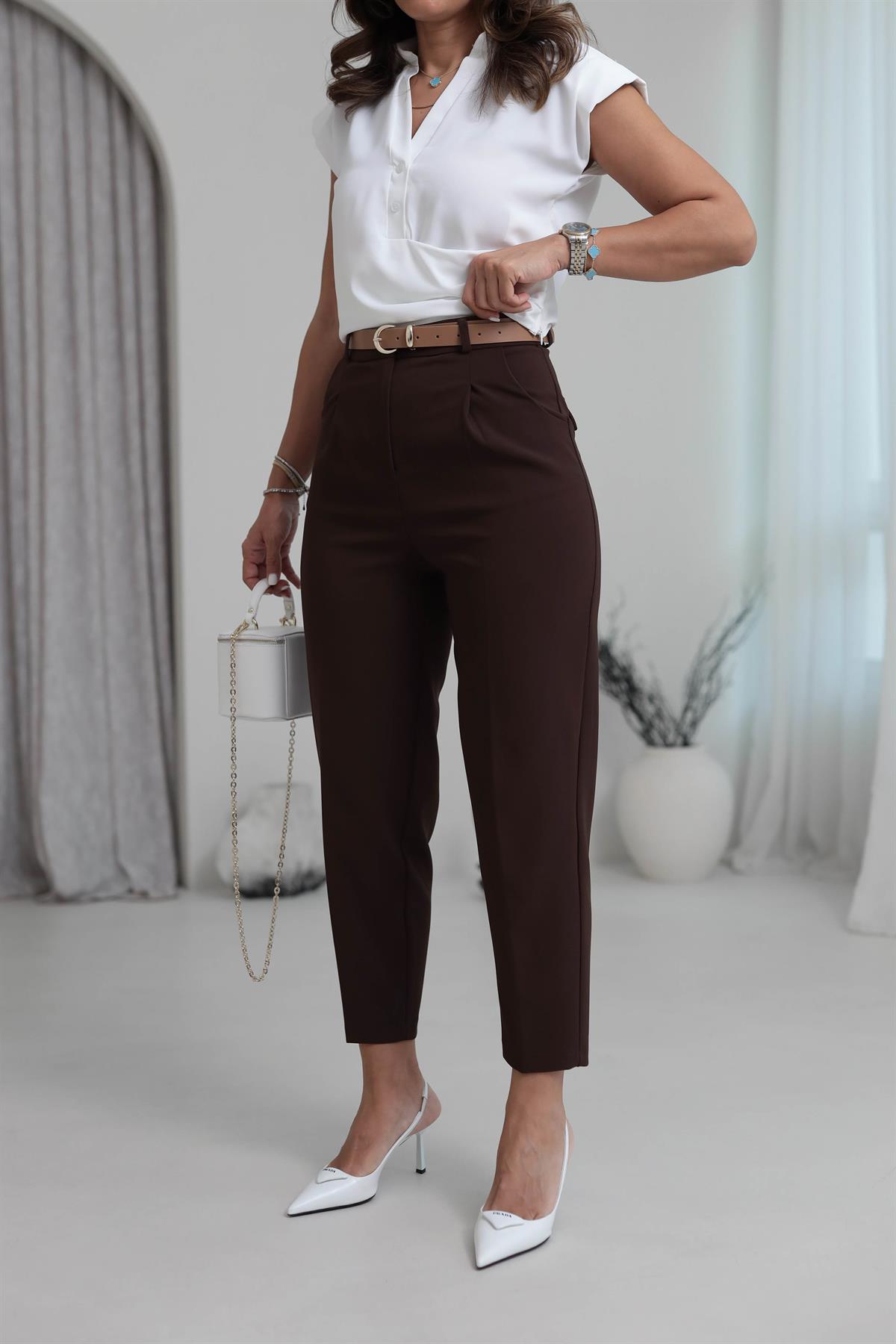 0430 Kemerli Double Havuç Pantolon KAHVE