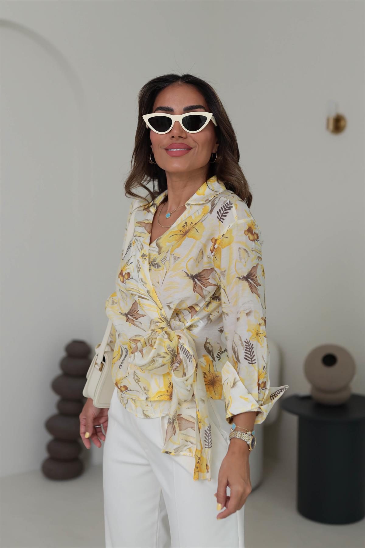 8553 Kruvaze Bağlamalı Desenli Gömlek Bluz SARI