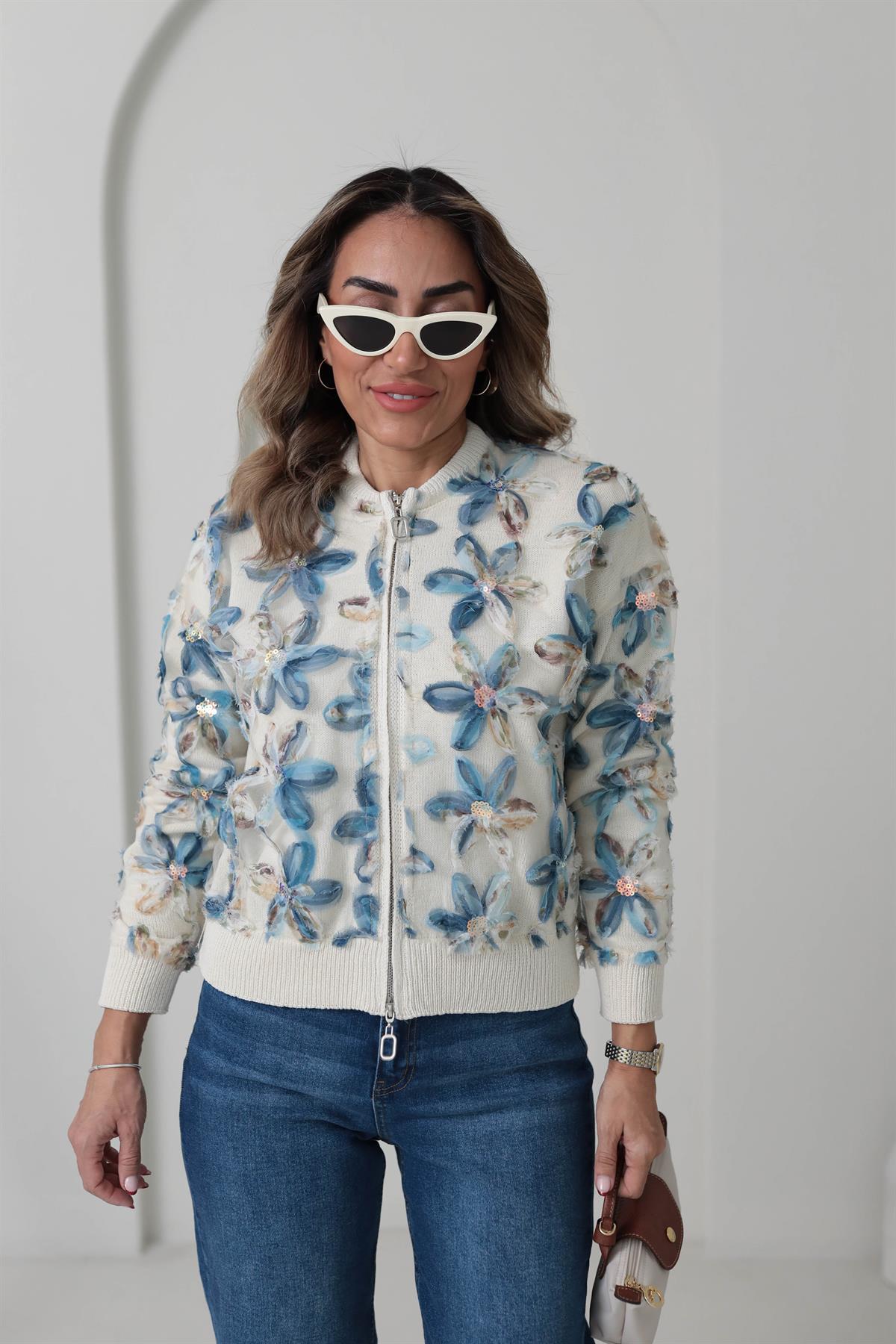 2438 Tasarım Çiçekli Fermuarlı Triko Hırka EKRU