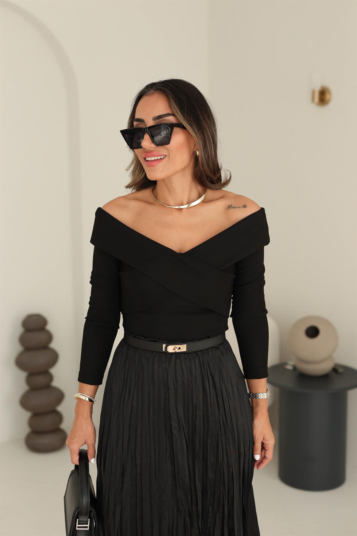 9184 Ottoman Kumaş Çapraz Detay Bluz SİYAH