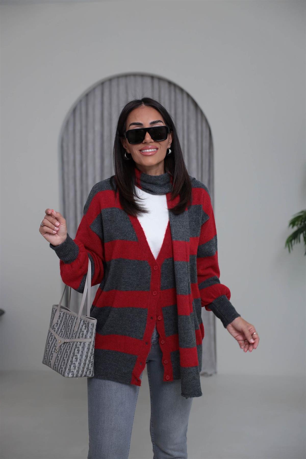 2569 V Yaka Düğmeli Şallı Triko Hırka ANTRASİT