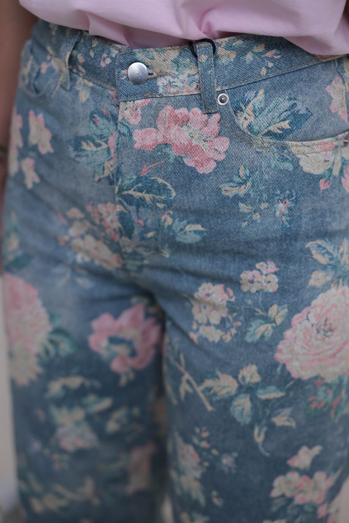 1033 Çiçek Desenli Yüksek Bel Kot Pantolon MAVİ