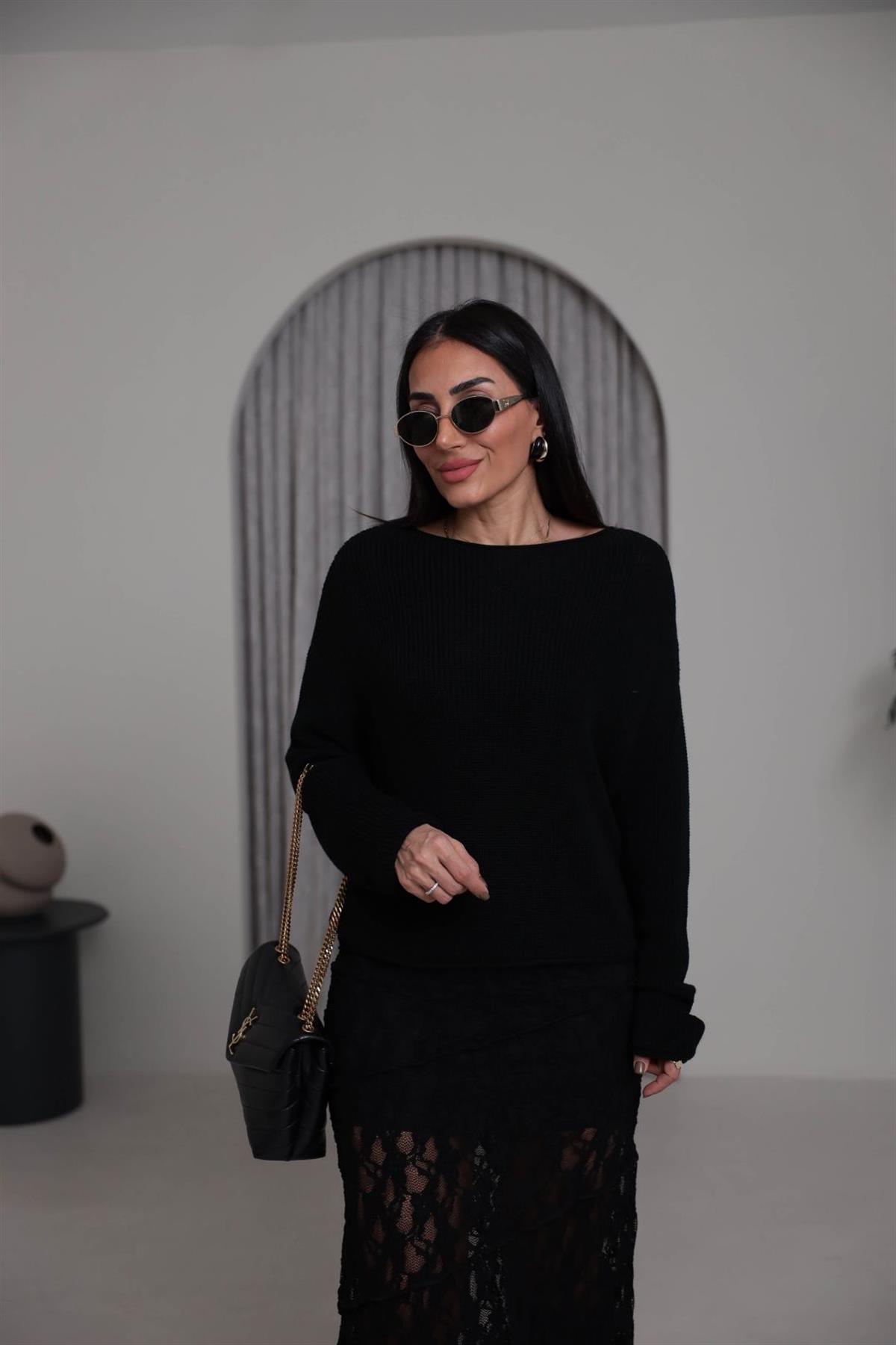 0804 Kayık Yaka Basic Triko Kazak SİYAH