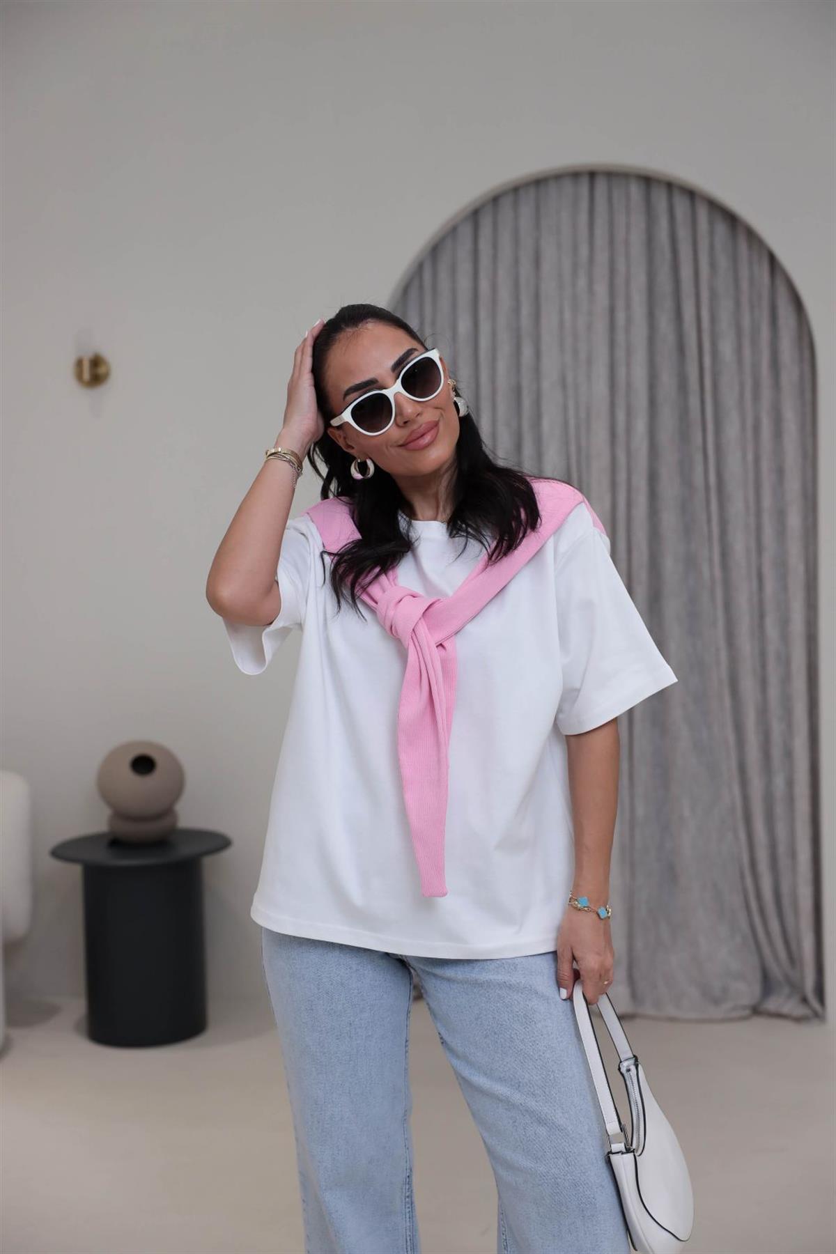 0688 Şal Detaylı Pamuklu Tshirt PEMBE