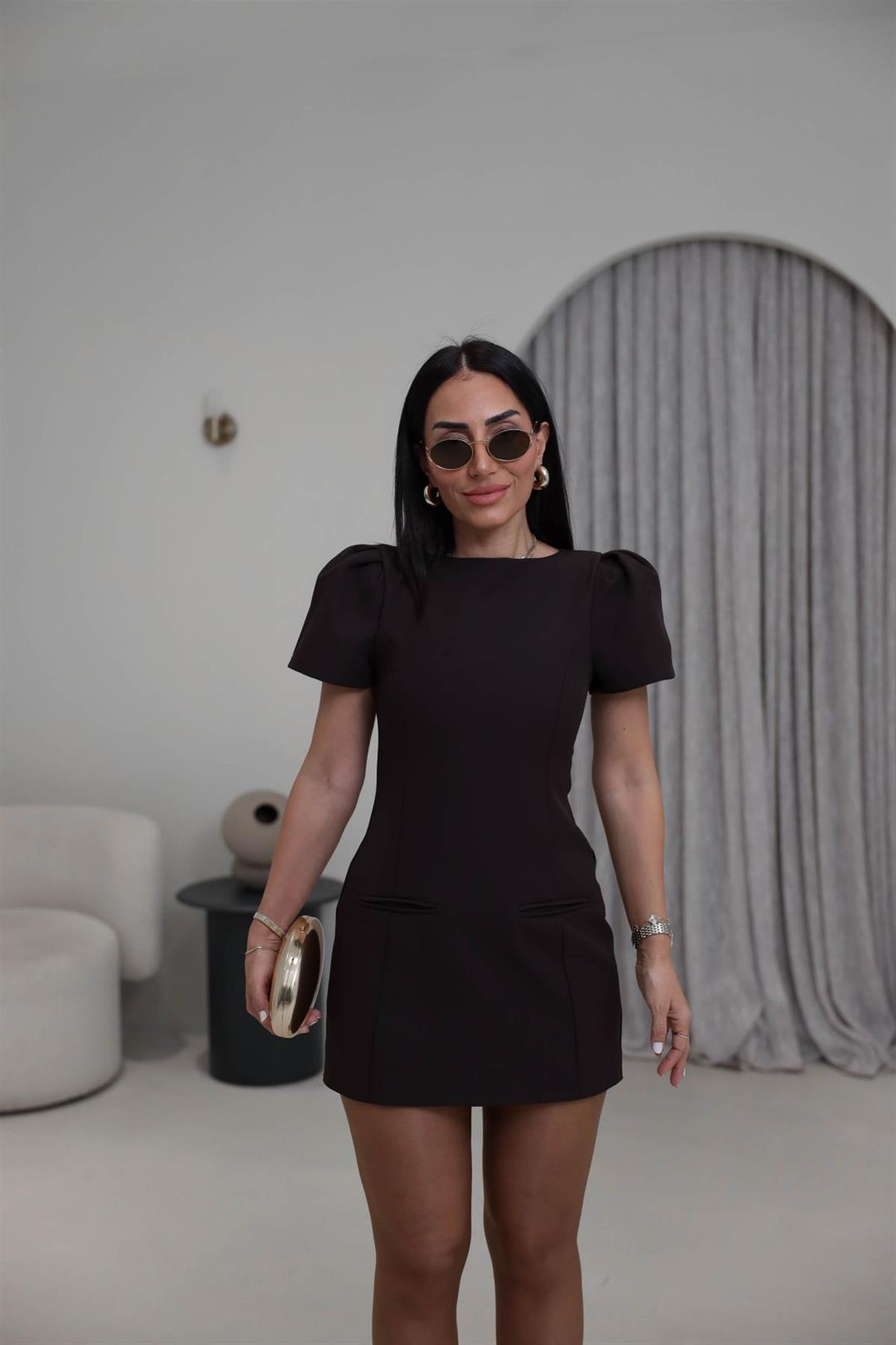 0789 Balon Kol Cep Detaylı Mini Elbise ACI KAHVE