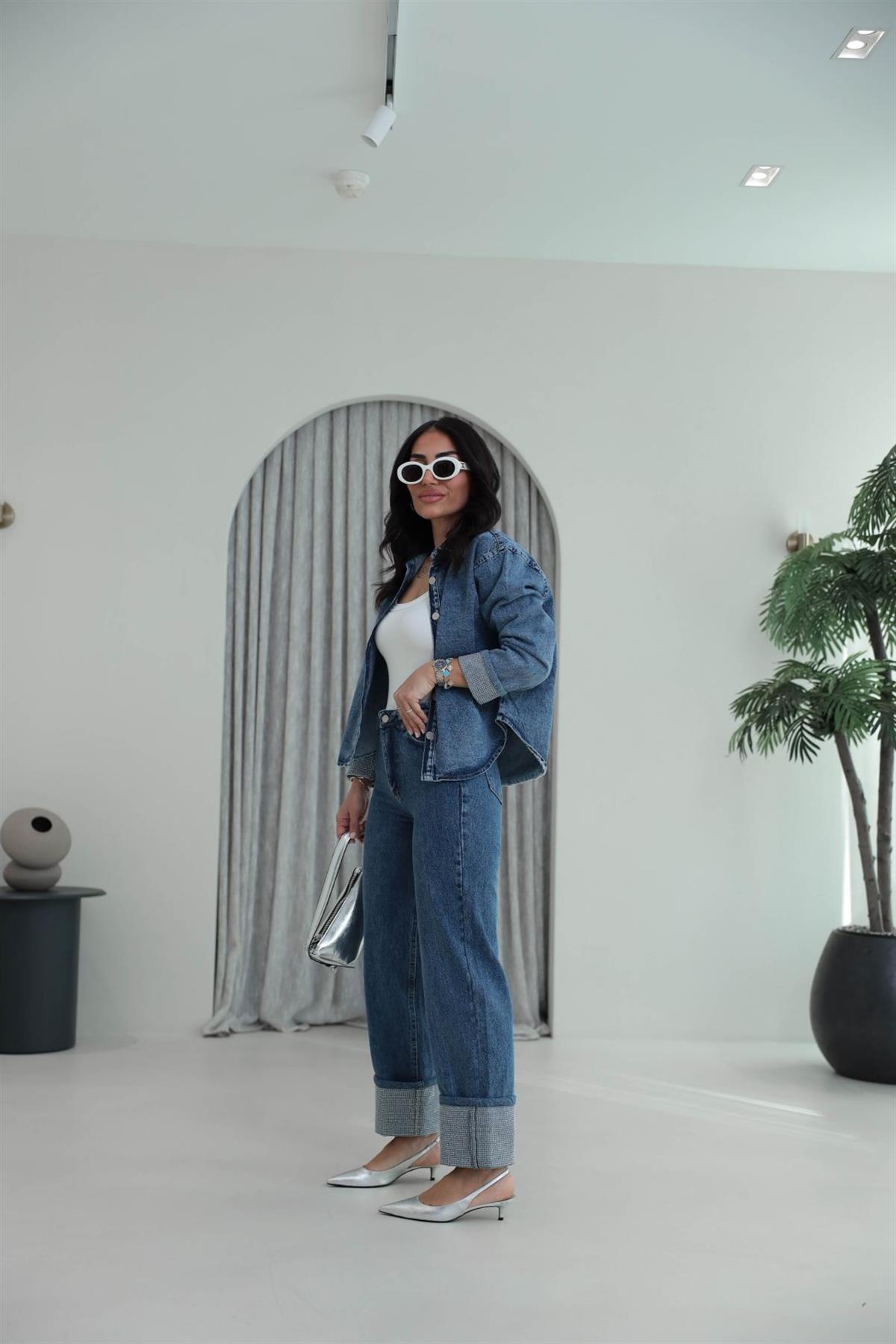 0191 Kol ve Paça Uçları Taşlı Denim Takım MAVİ