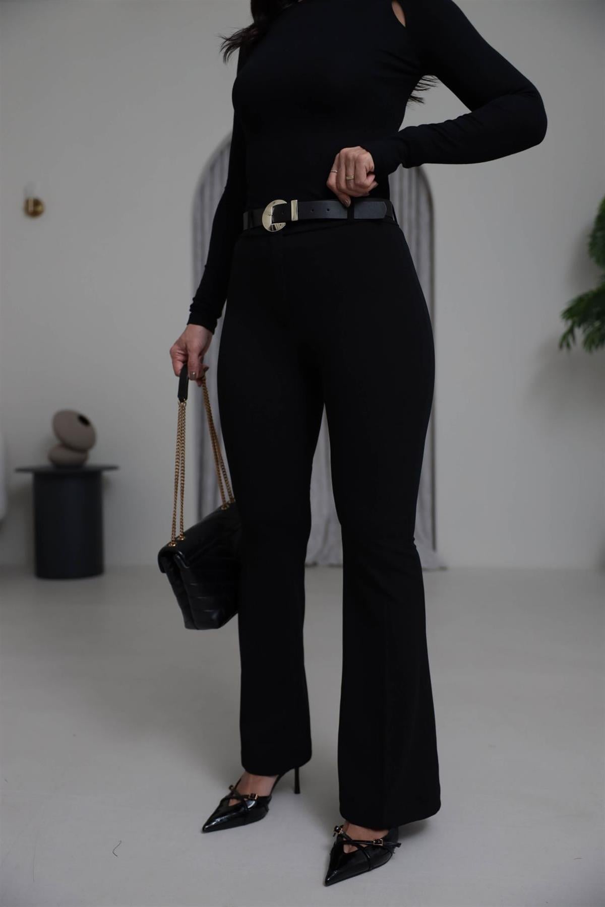 7090 Kemerli Likralı İspanyol Pantolon SİYAH