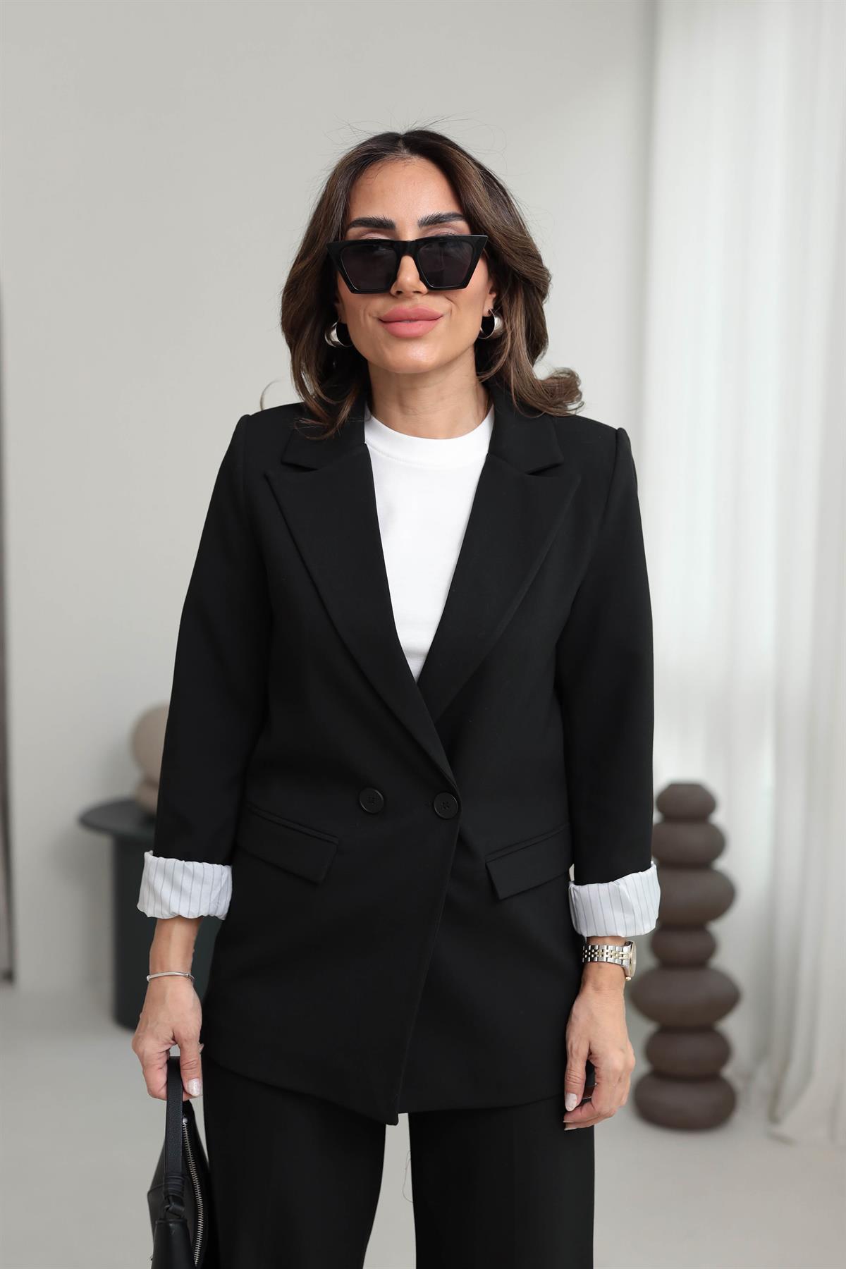 8644 Kol Katlamalı Çizgili Astarlı Premium Blazer Ceket SİYAH