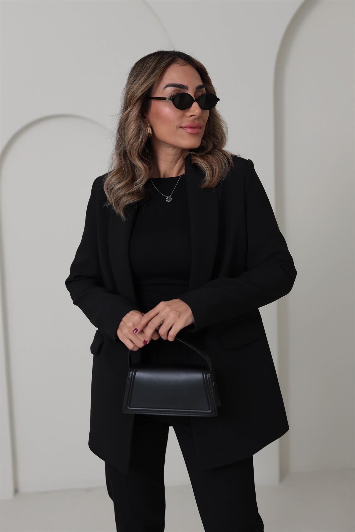 9227Y Leopar Astarlı Şal Yaka Ceket SİYAH