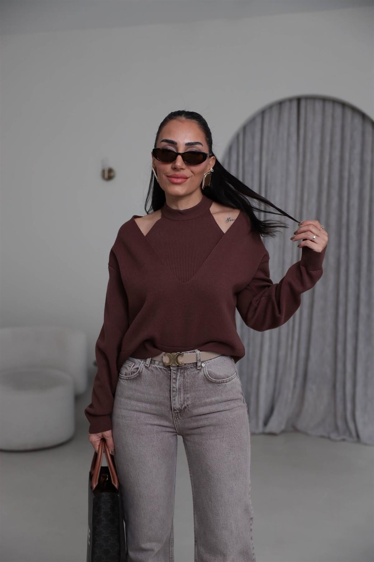 1206 V Yaka İkili Korsman Bluz KAHVE