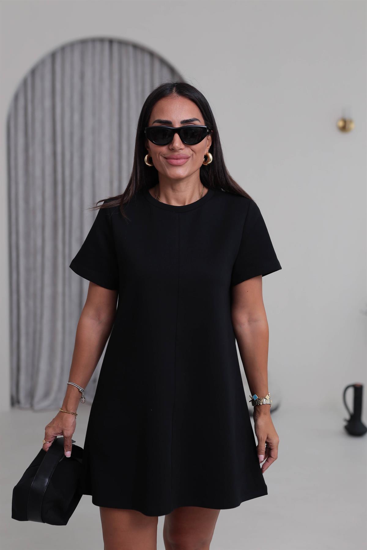 1523 Ön Dikiş Detaylı Penye Elbise SİYAH