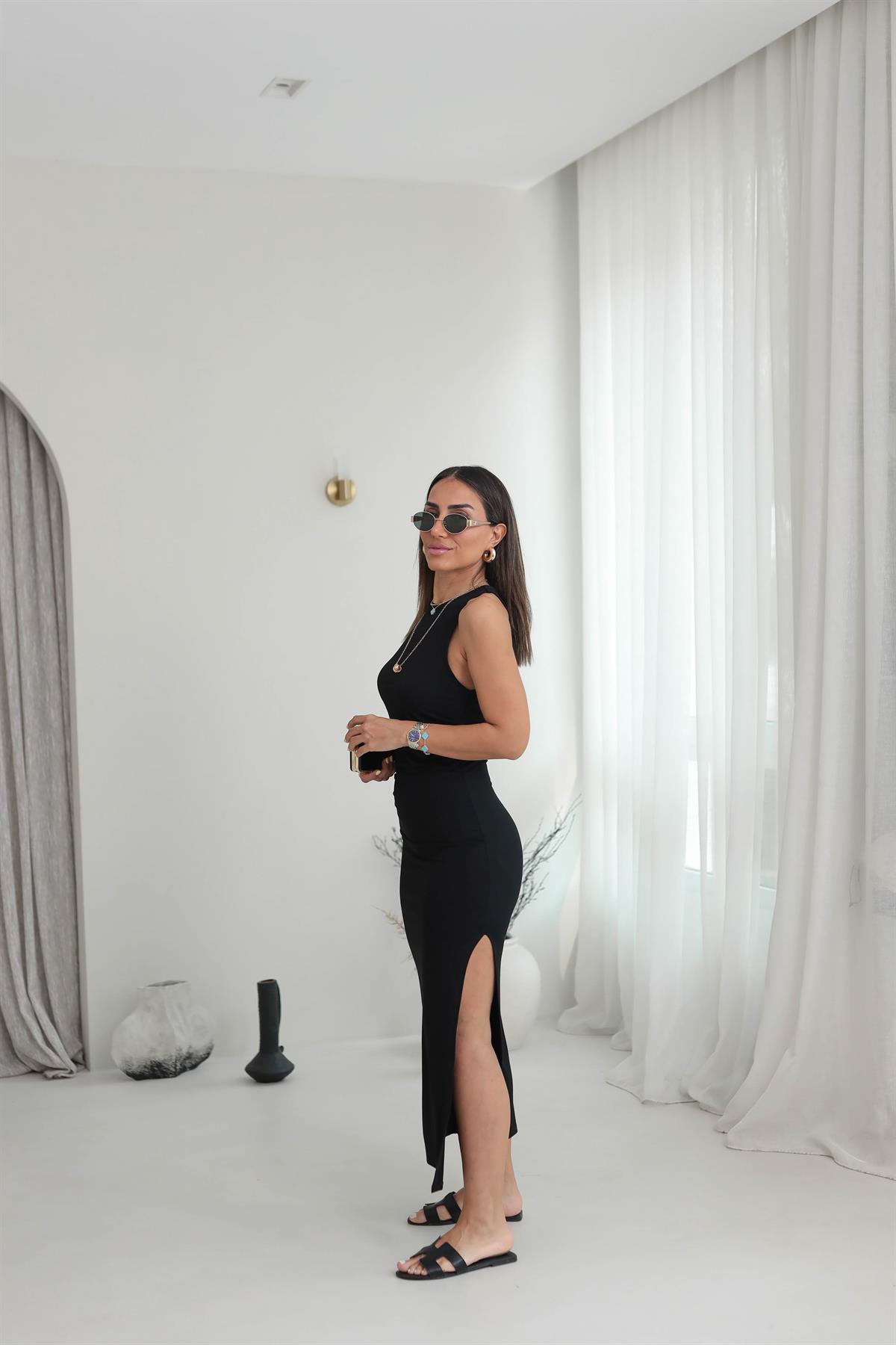 1458 Büzgülü Kolsuz Midi Elbise SİYAH