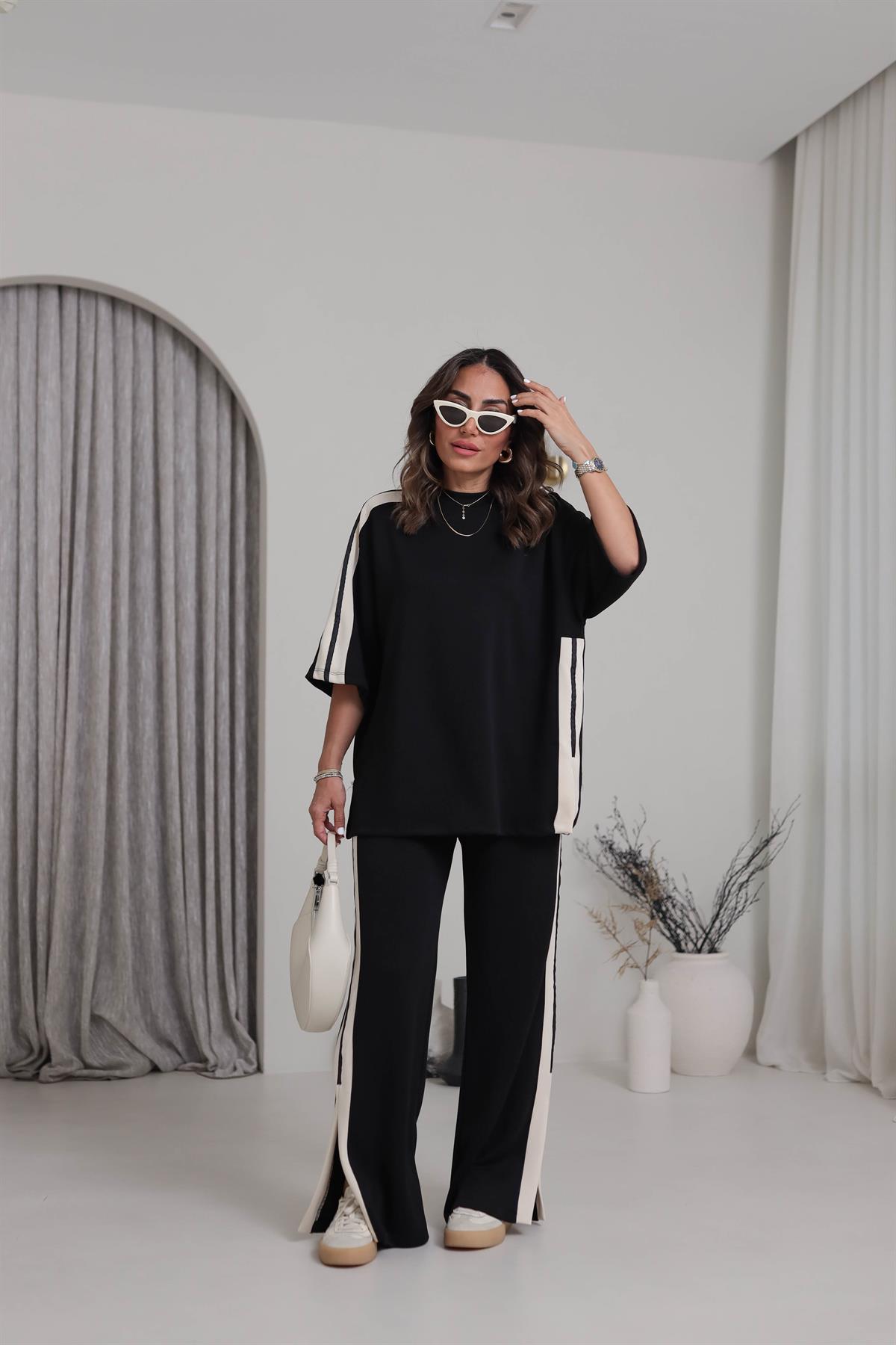 6116 Şeritli Yanları Yırtmaçlı Modal Kumaş Takım SİYAH-BEJ