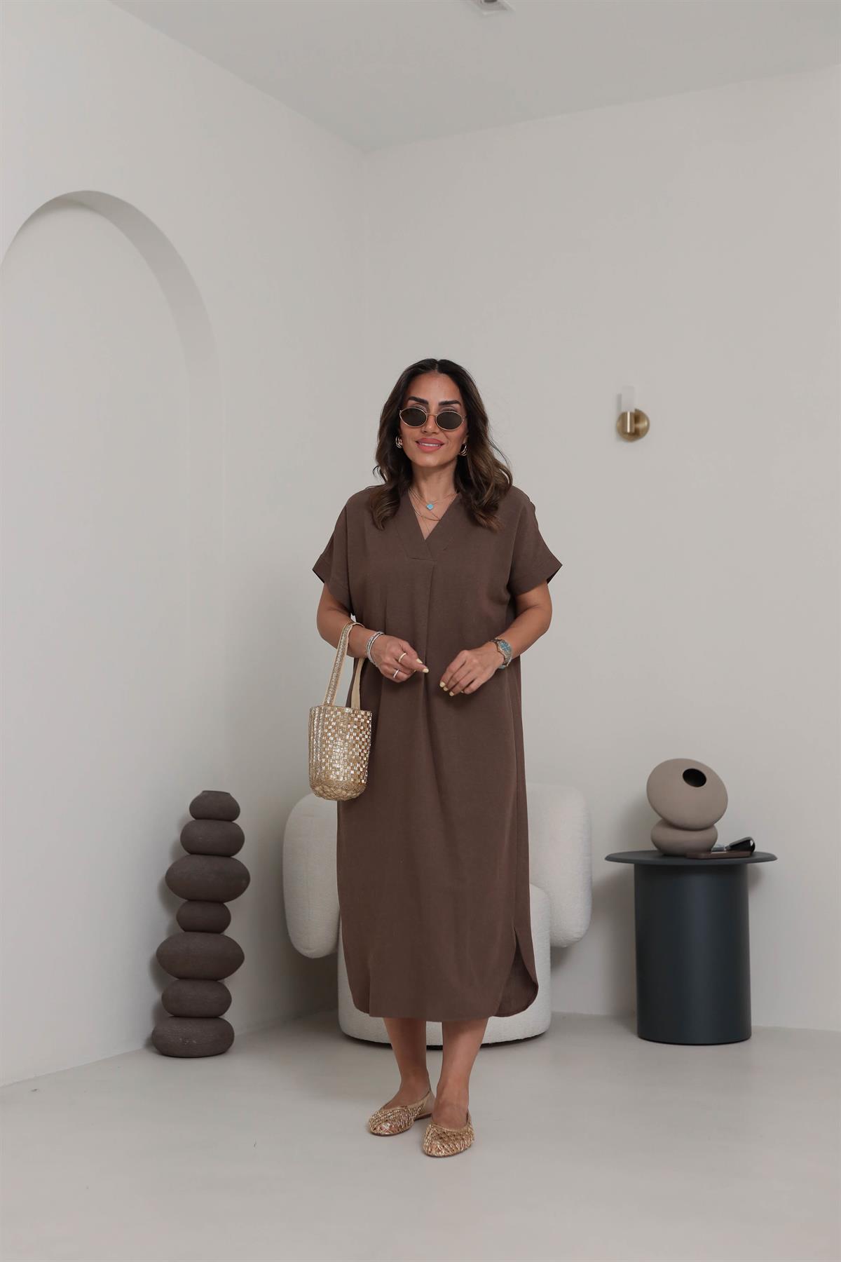 5998 V Yaka Rahat Terni Elbise KAHVE