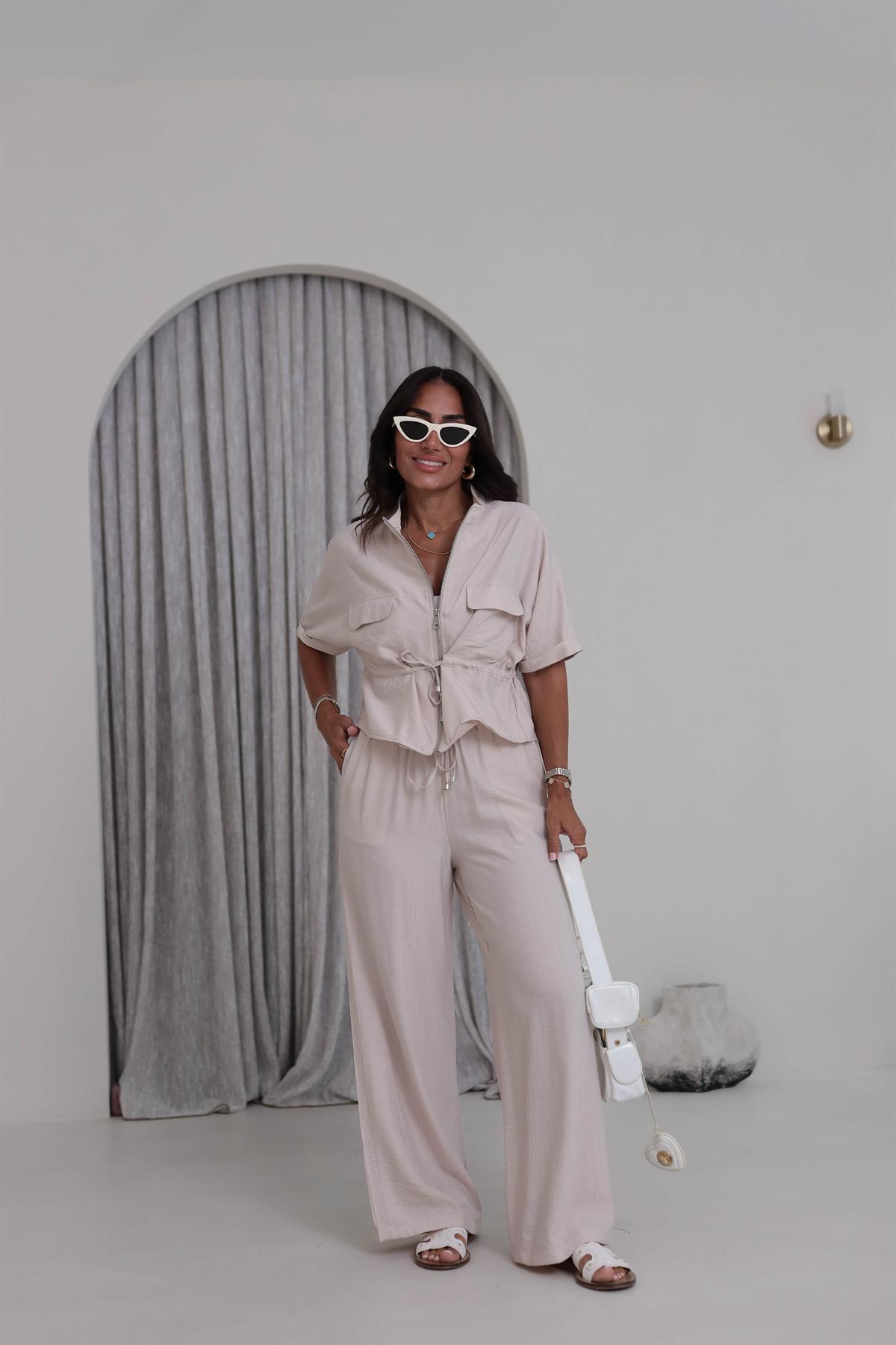 0343 Cep Kapaklı Bel Büzgülü Gömlek & Pantolon Takım VİZON