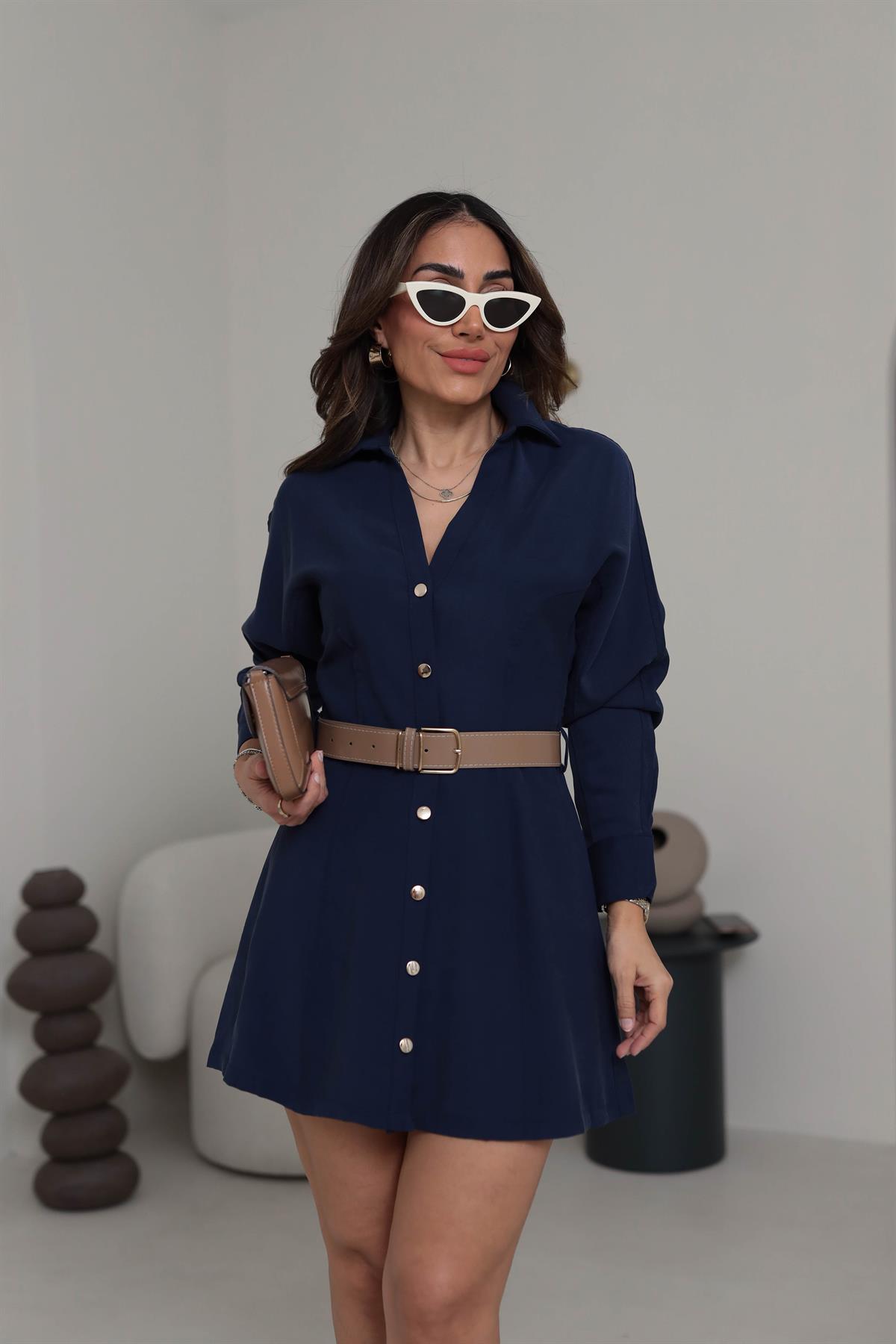 0367 Gold Düğmeli Kemerli Tencel Elbise LACİVERT