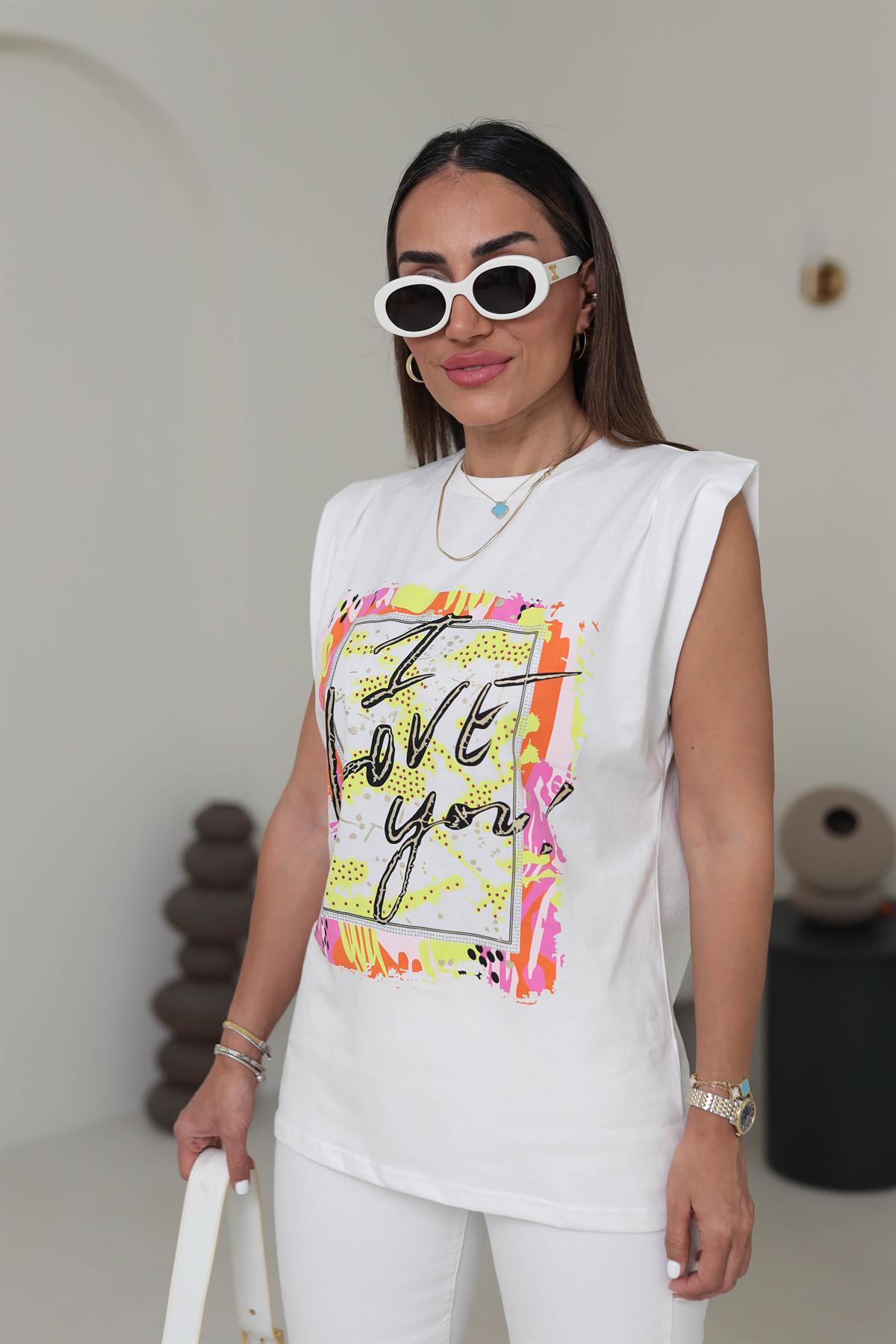 0328 Renkli Desenli Kolsuz Pamuklu Tshirt EKRU