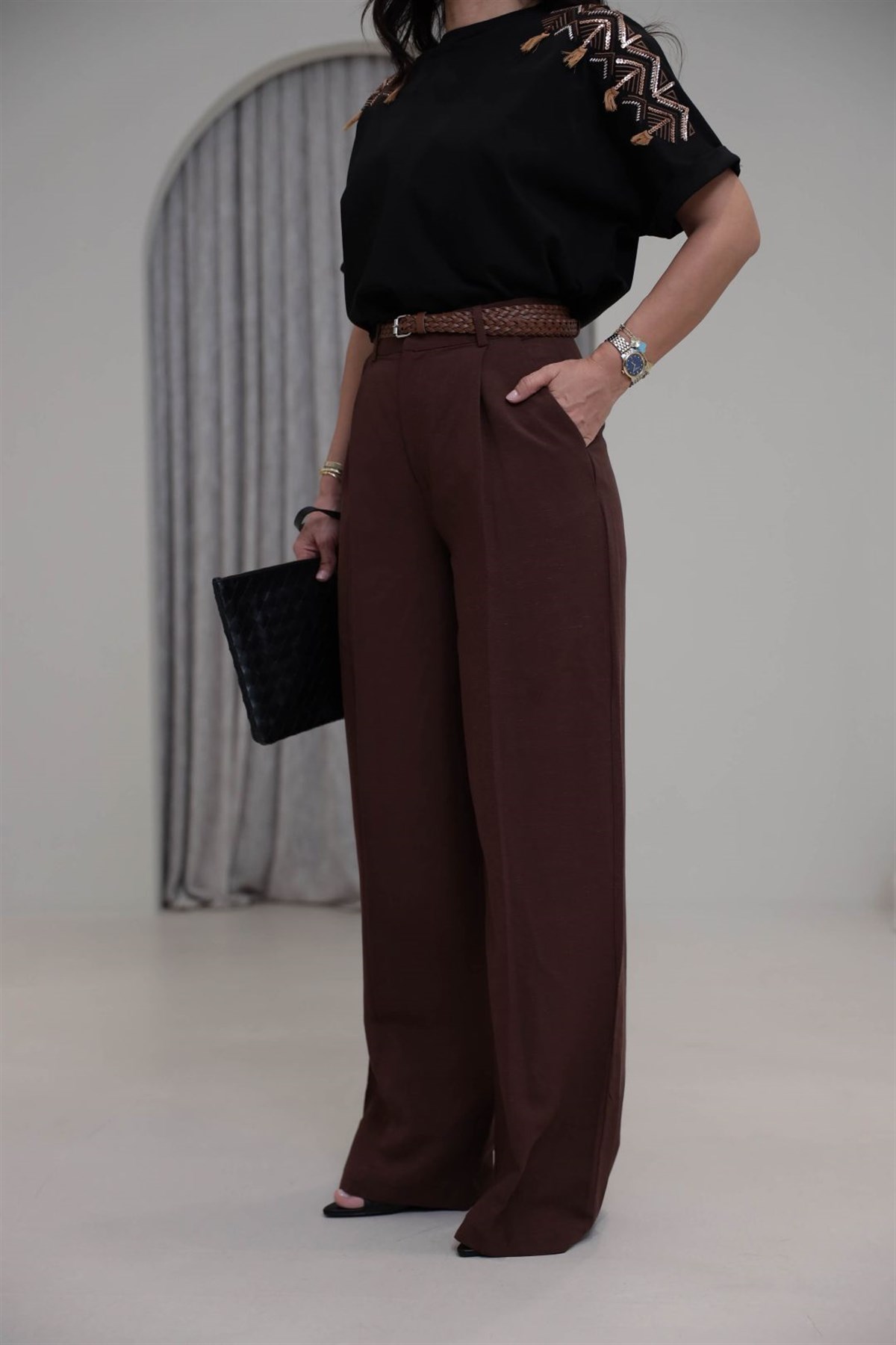 1150 Örme Kemerli Viskon Keten Pantolon KAHVE