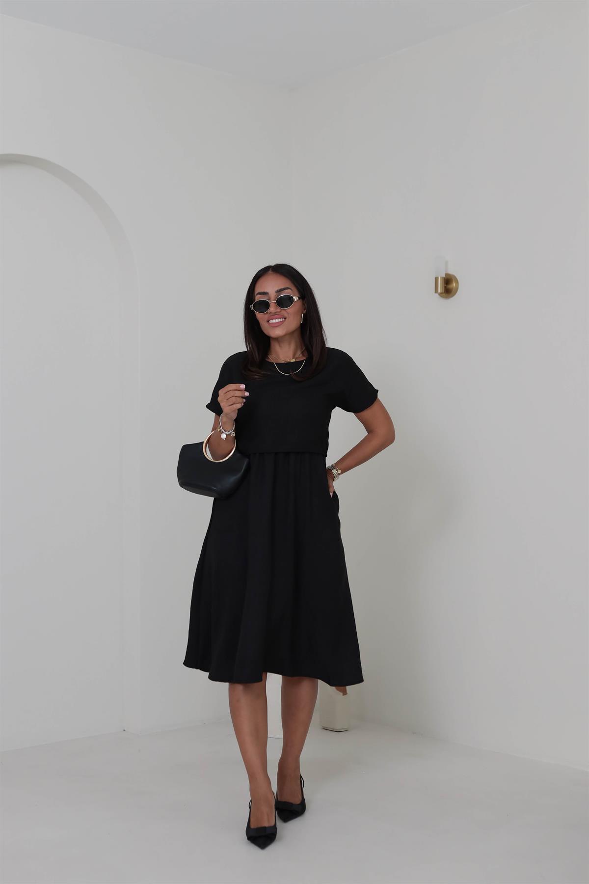 3760 Bluz Detaylı Bel Büzgülü Elbise SİYAH