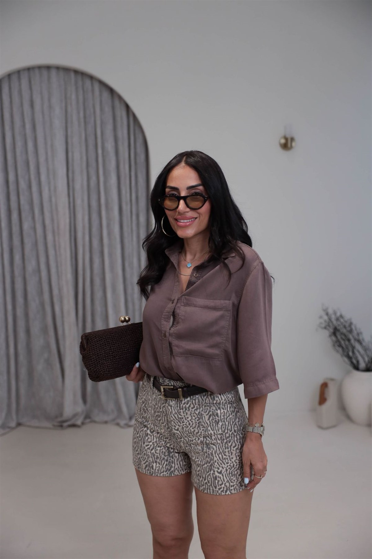 8372 Leopar Desen Desen Denim Şort LEOPAR