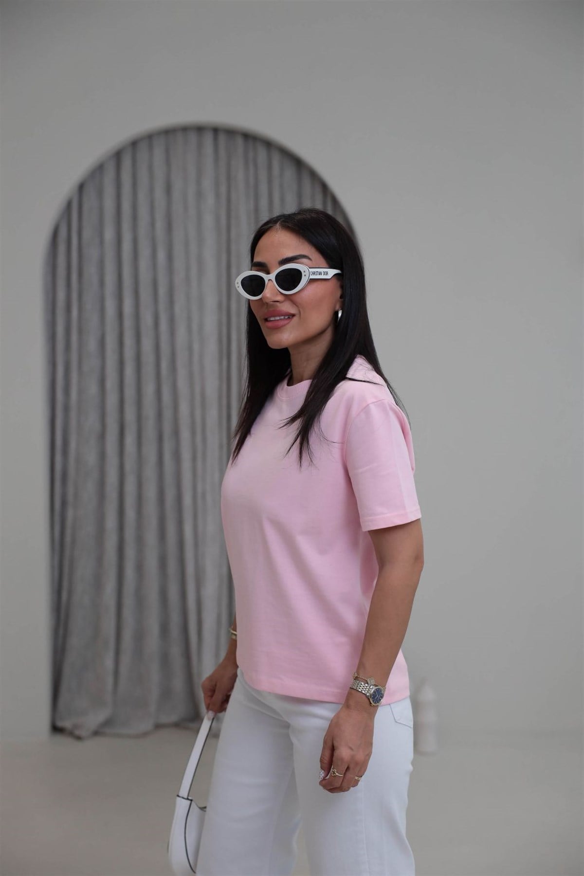 0312 Dekoratif Dikişli Pamuklu Tshirt PEMBE