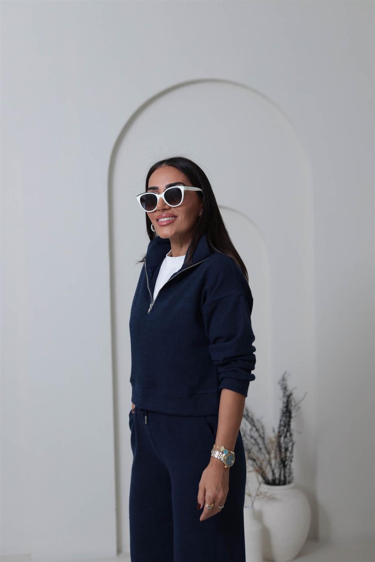 5750 Dik Yaka Yarım Fermuarlı Yumoş Dokulu Takım LACİVERT