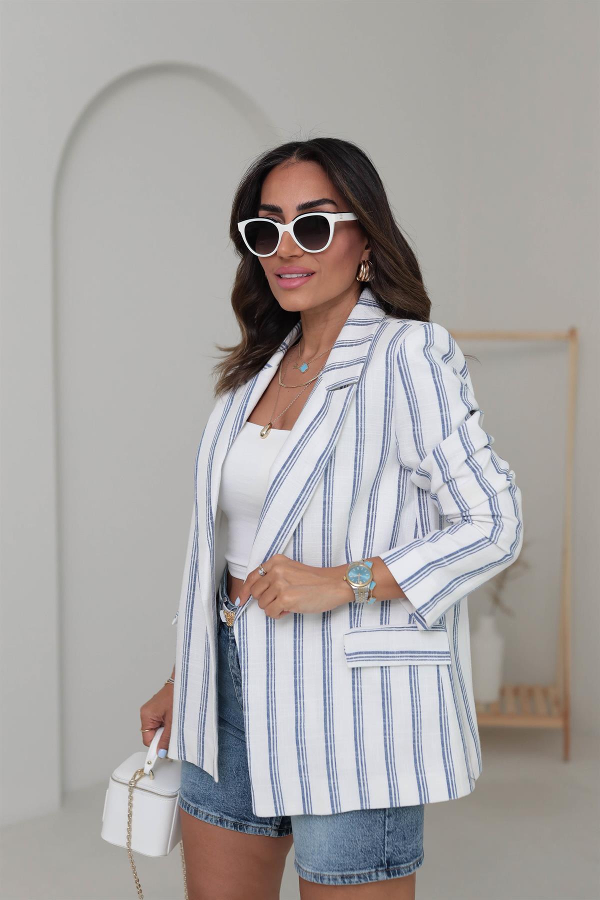 9424 Çizgili Keten Blazer Ceket MAVİ