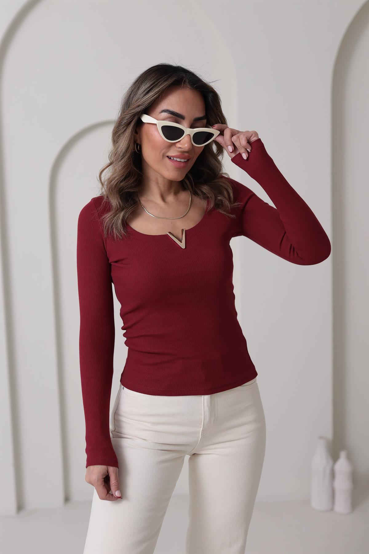 6334 V Gold Detaylı Uzun Kol Bluz BORDO