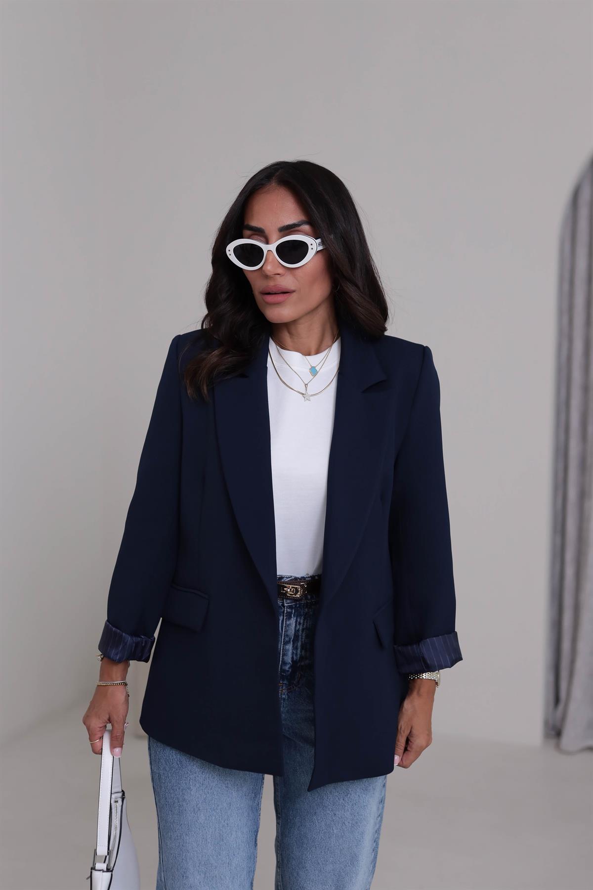 7560 Kol Katlamalı Cep Detaylı Astarlı Ceket LACİVERT