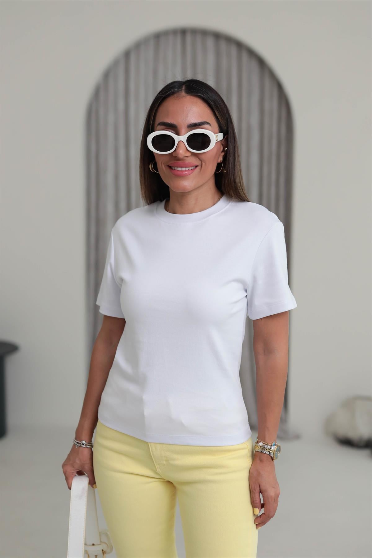 1075 Bisiklet Yaka Pamuklu Basic Tshirt BEYAZ